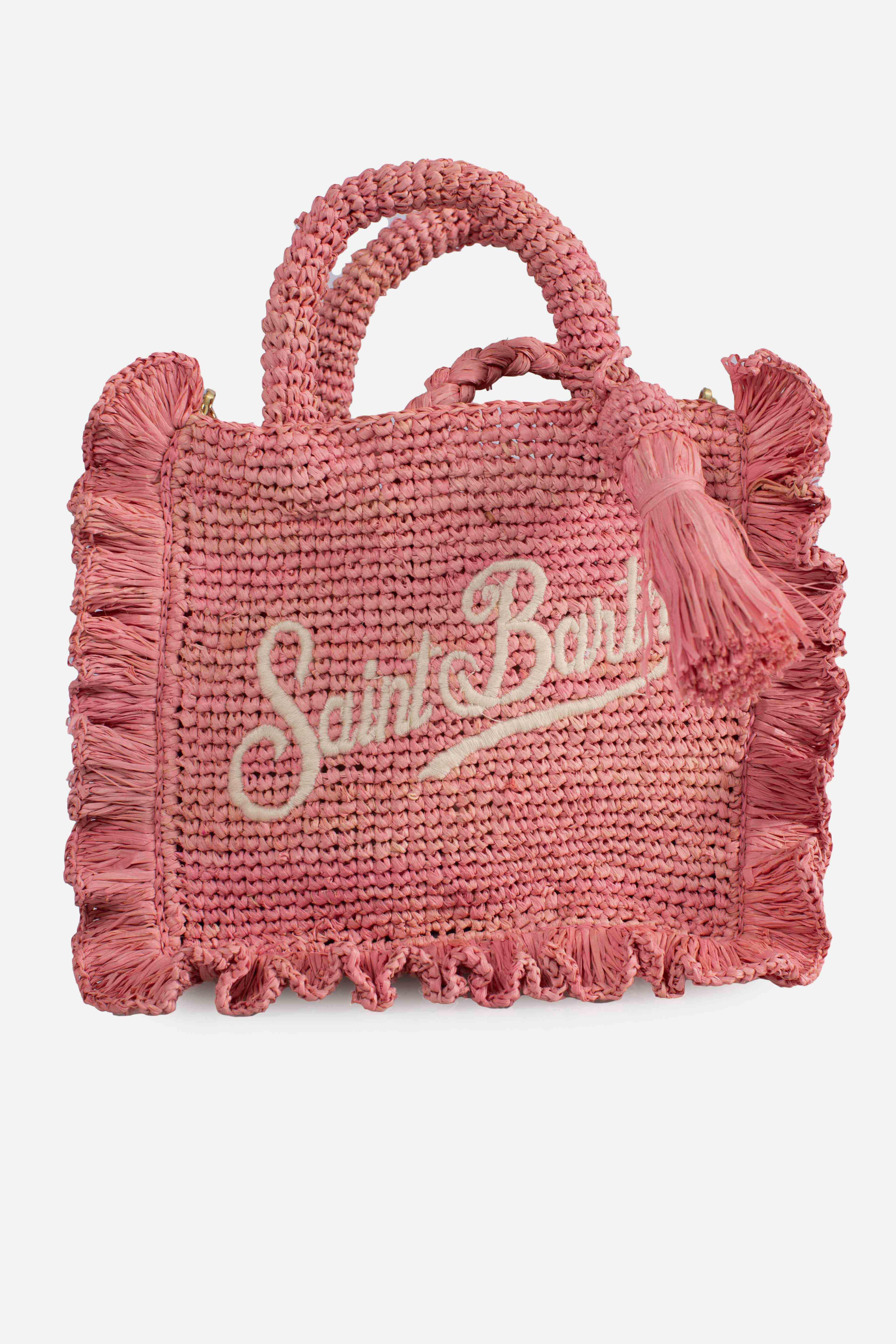 Borsa Volant Mini in raffia rosa con logo ricamato