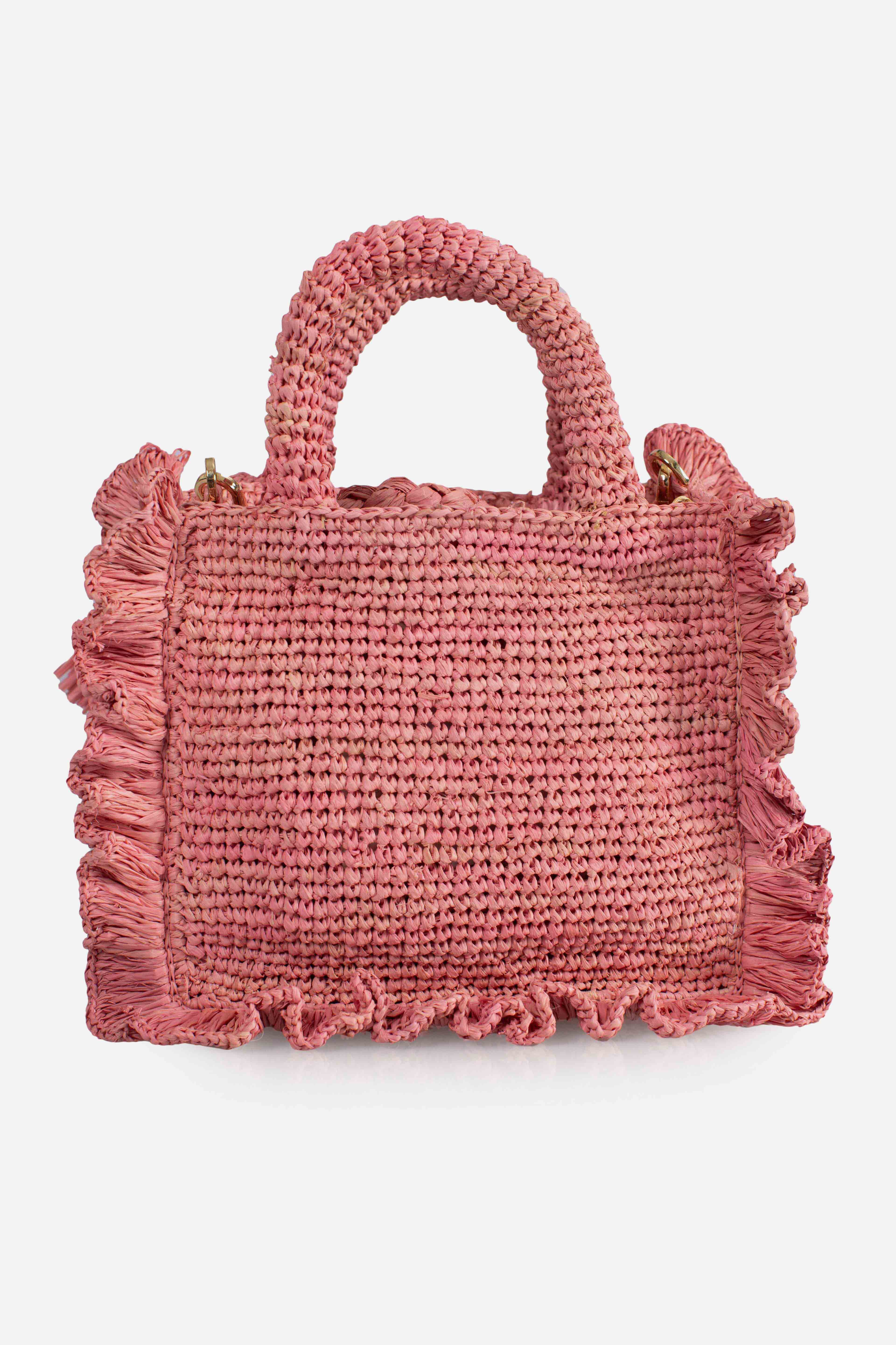 Borsa Volant Mini in raffia rosa con logo ricamato