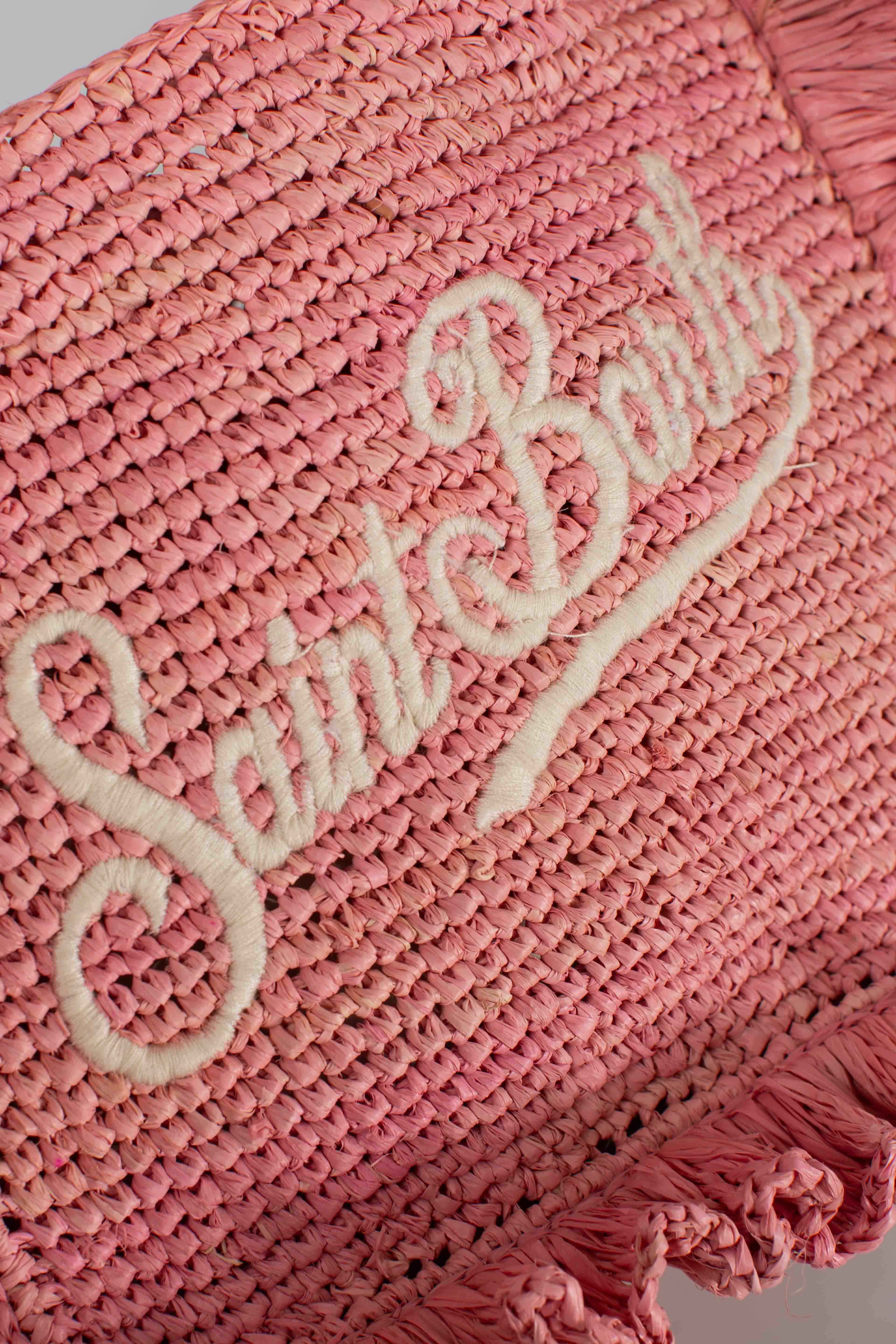 Borsa Volant Mini in raffia rosa con logo ricamato