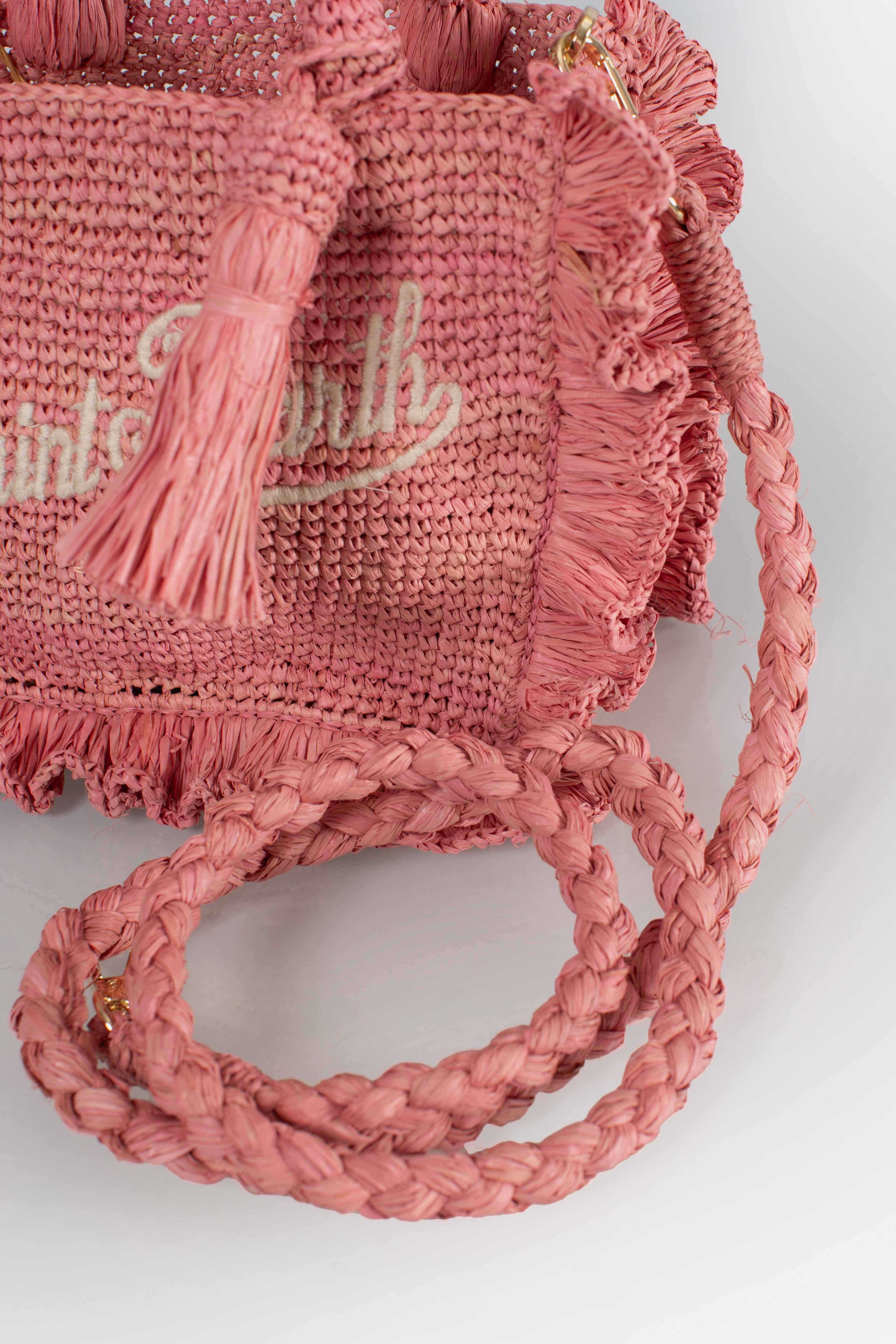 Borsa Volant Mini in raffia rosa con logo ricamato