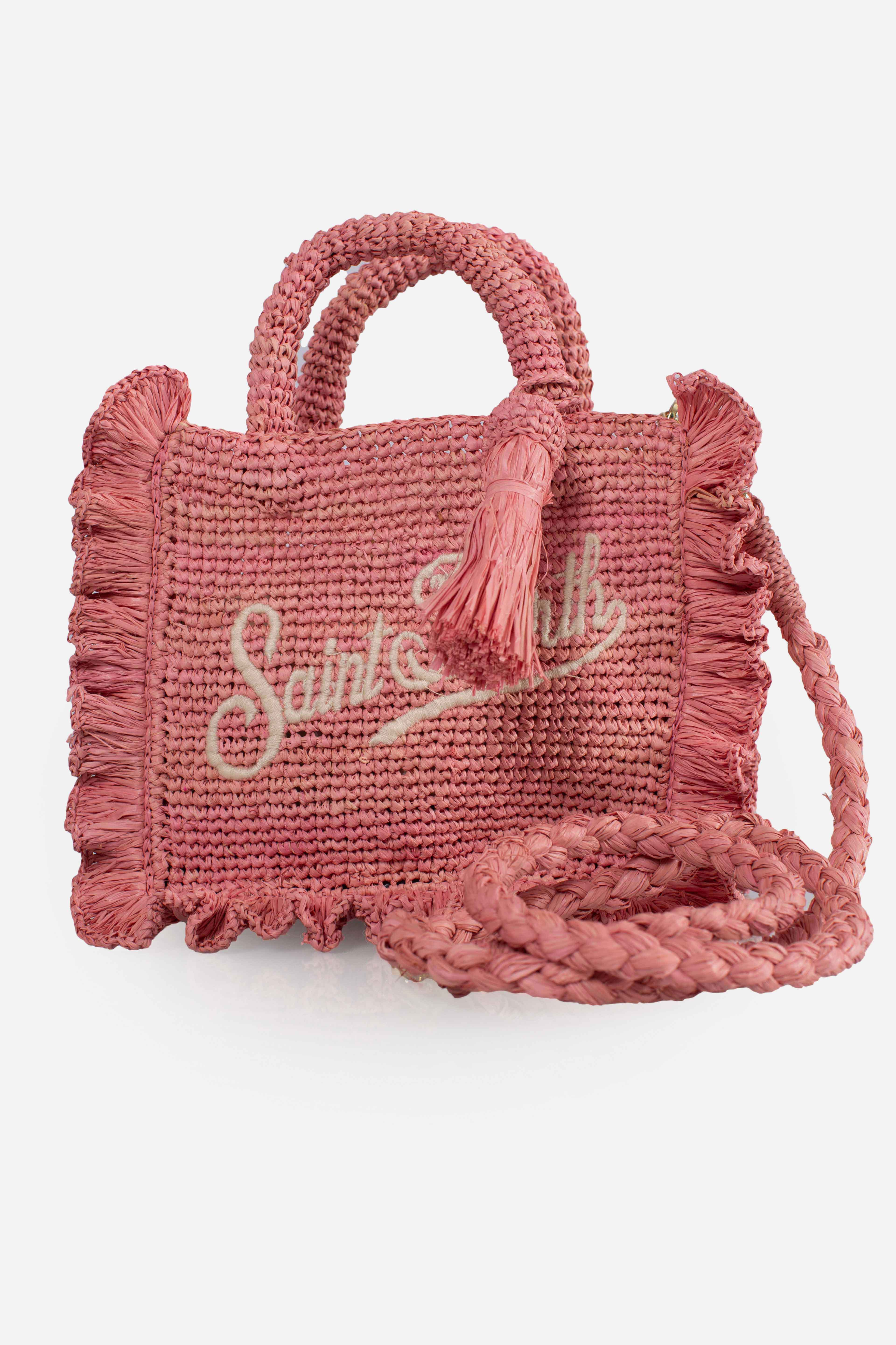 Borsa Volant Mini in raffia rosa con logo ricamato