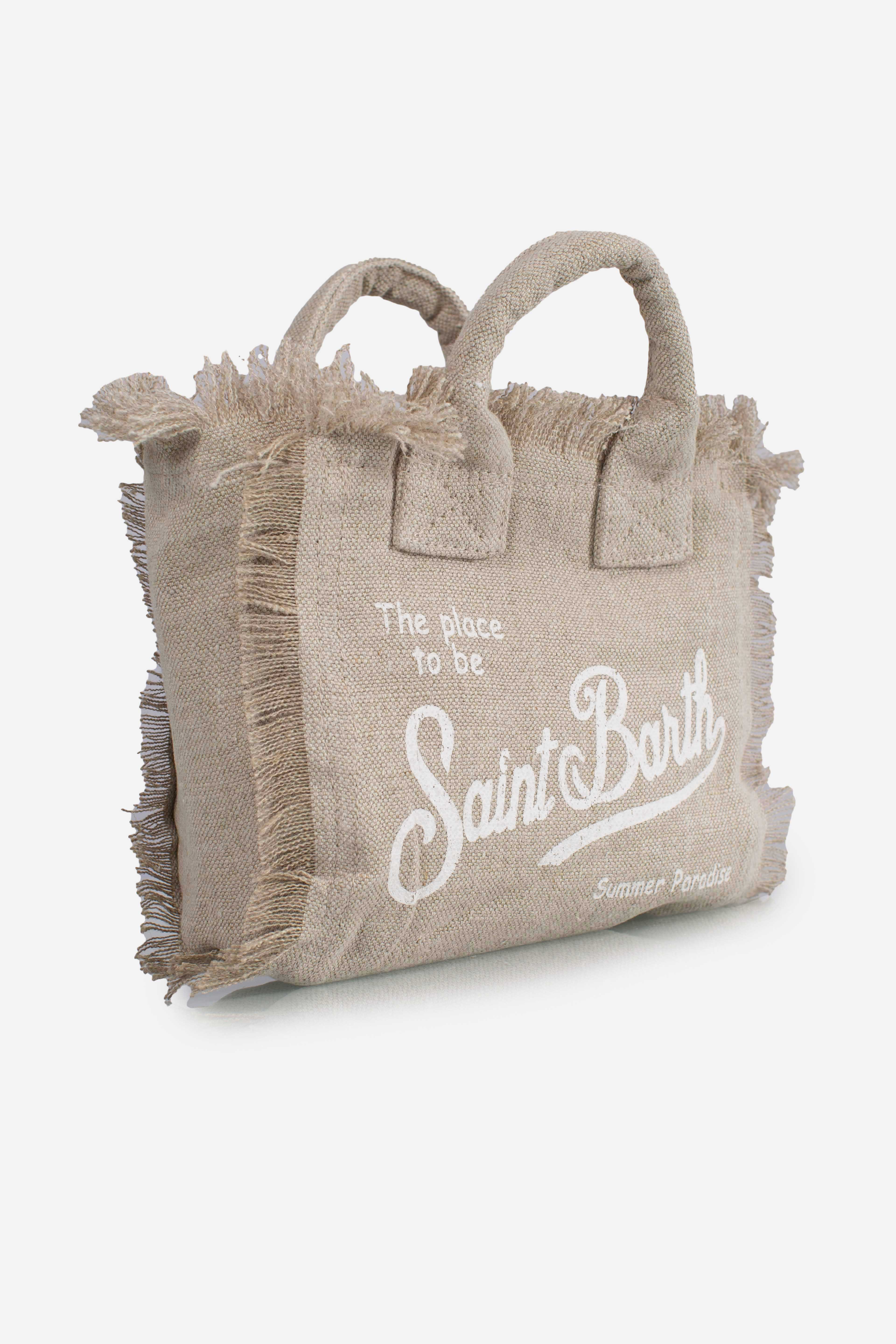Borsa Vanity mini in lino beige tinta unita con tracolla removibile