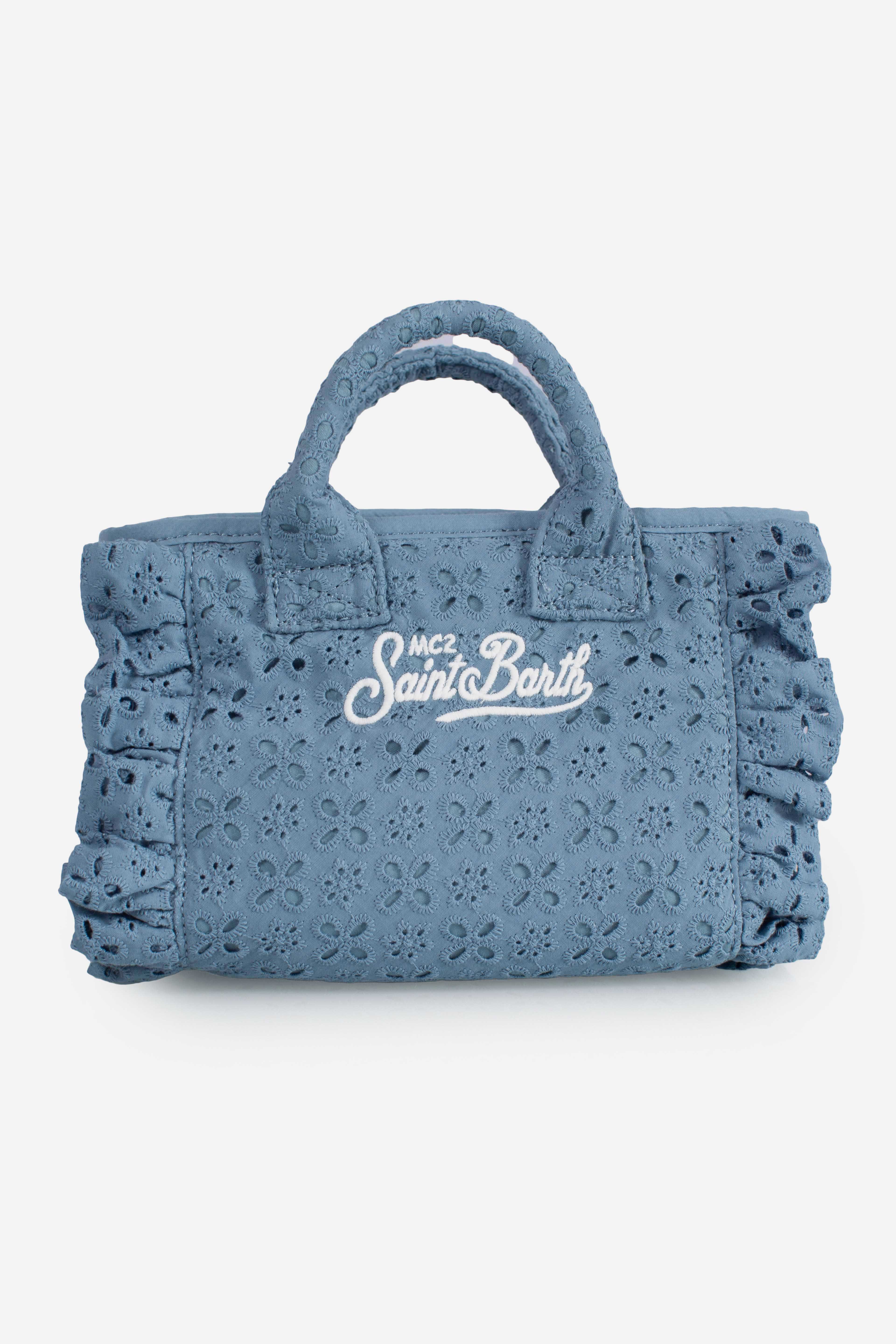 Borsa Vanity mini volant in cotone sangallo azzurra