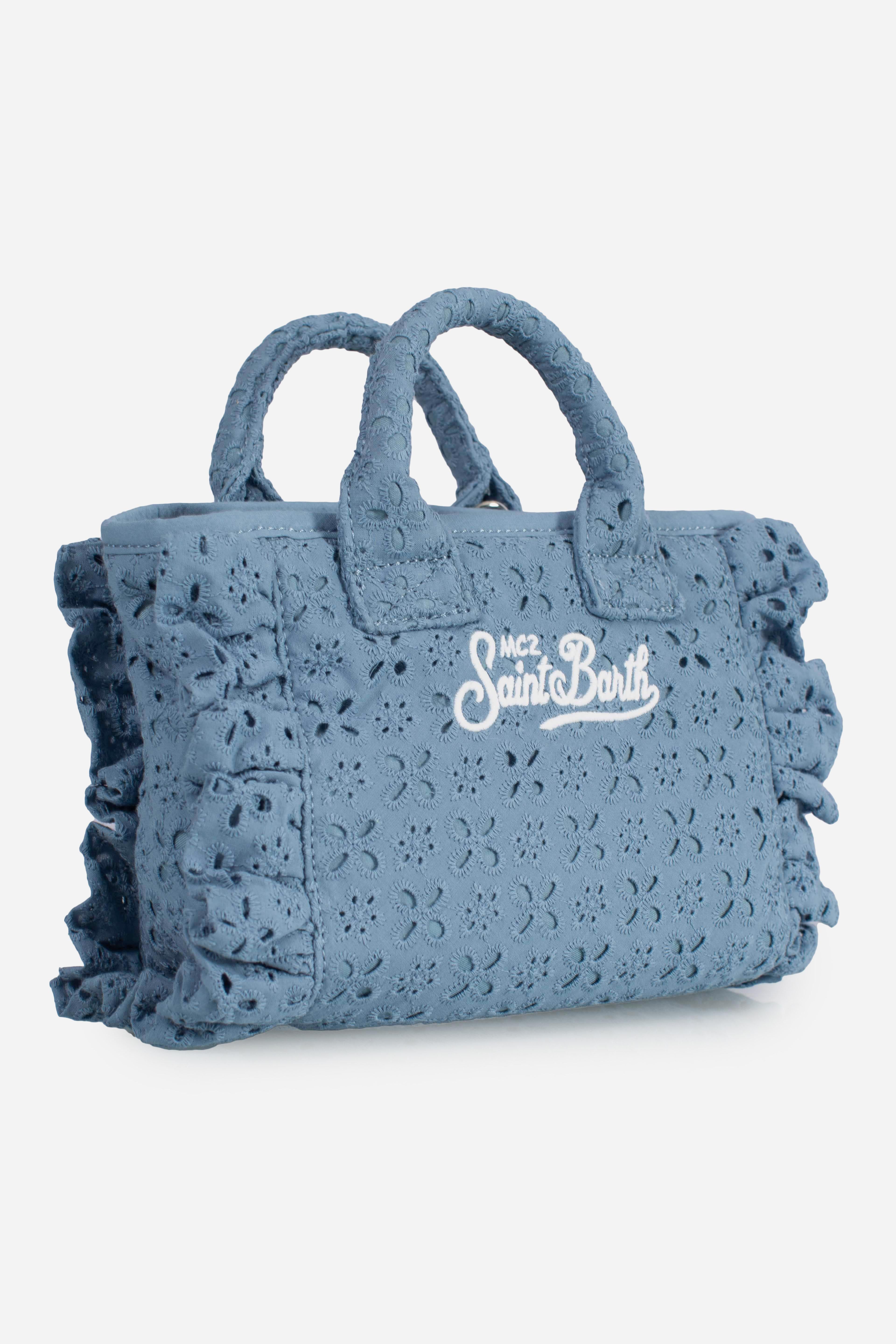 Borsa Vanity mini volant in cotone sangallo azzurra