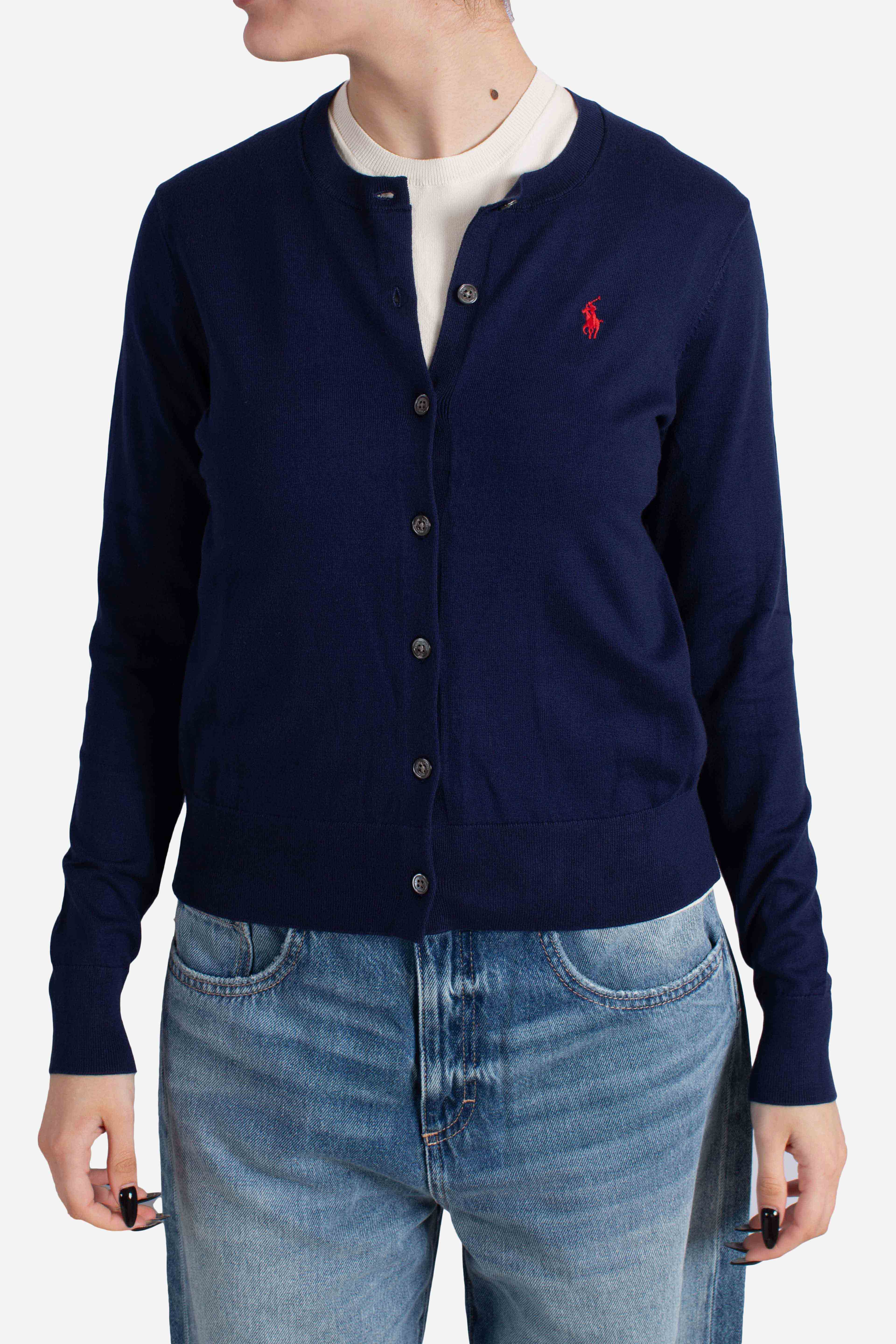 Cardigan girocollo in misto cotone elasticizzato blue