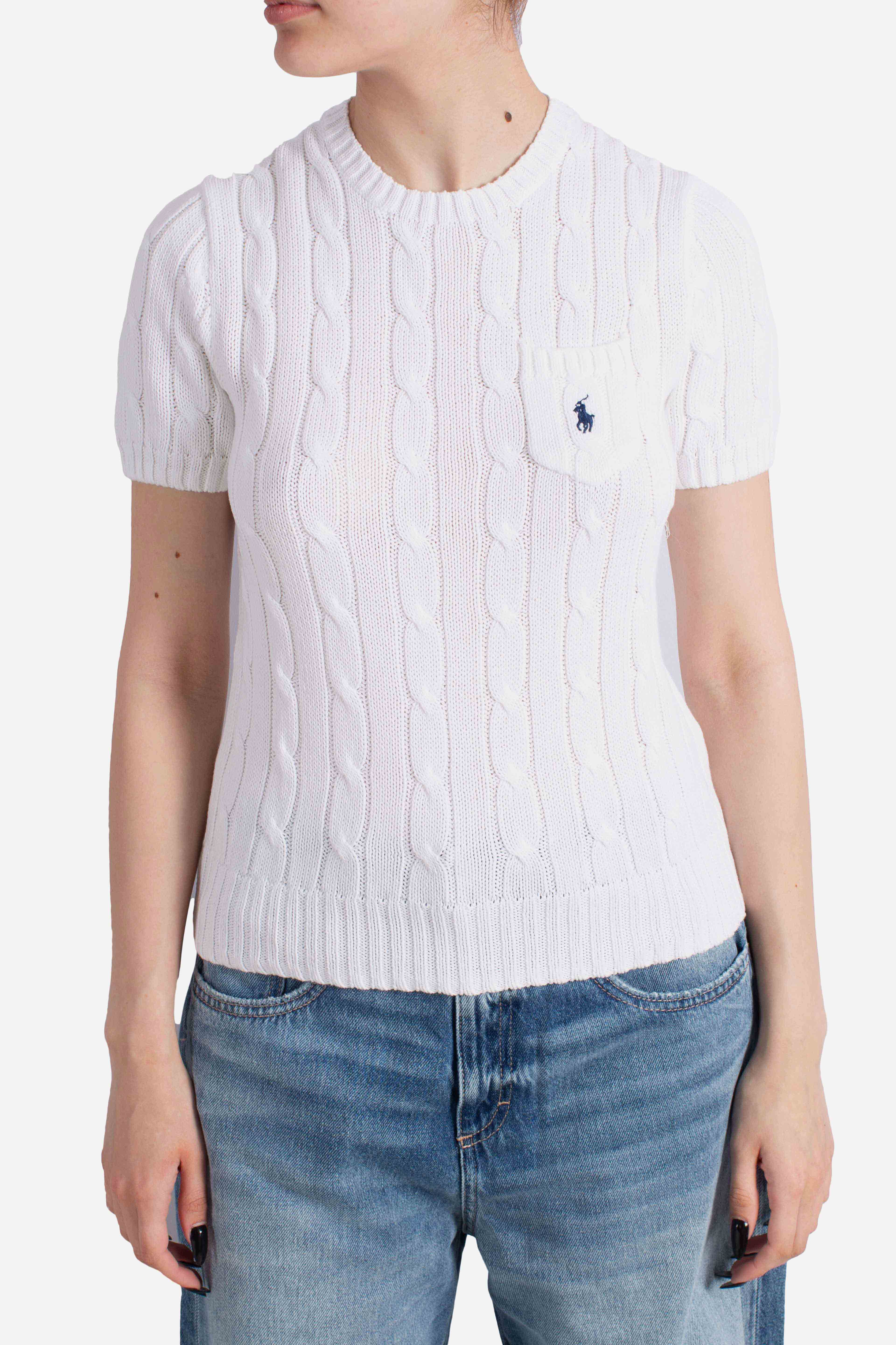 Maglia a maniche corte in cotone a trecce white