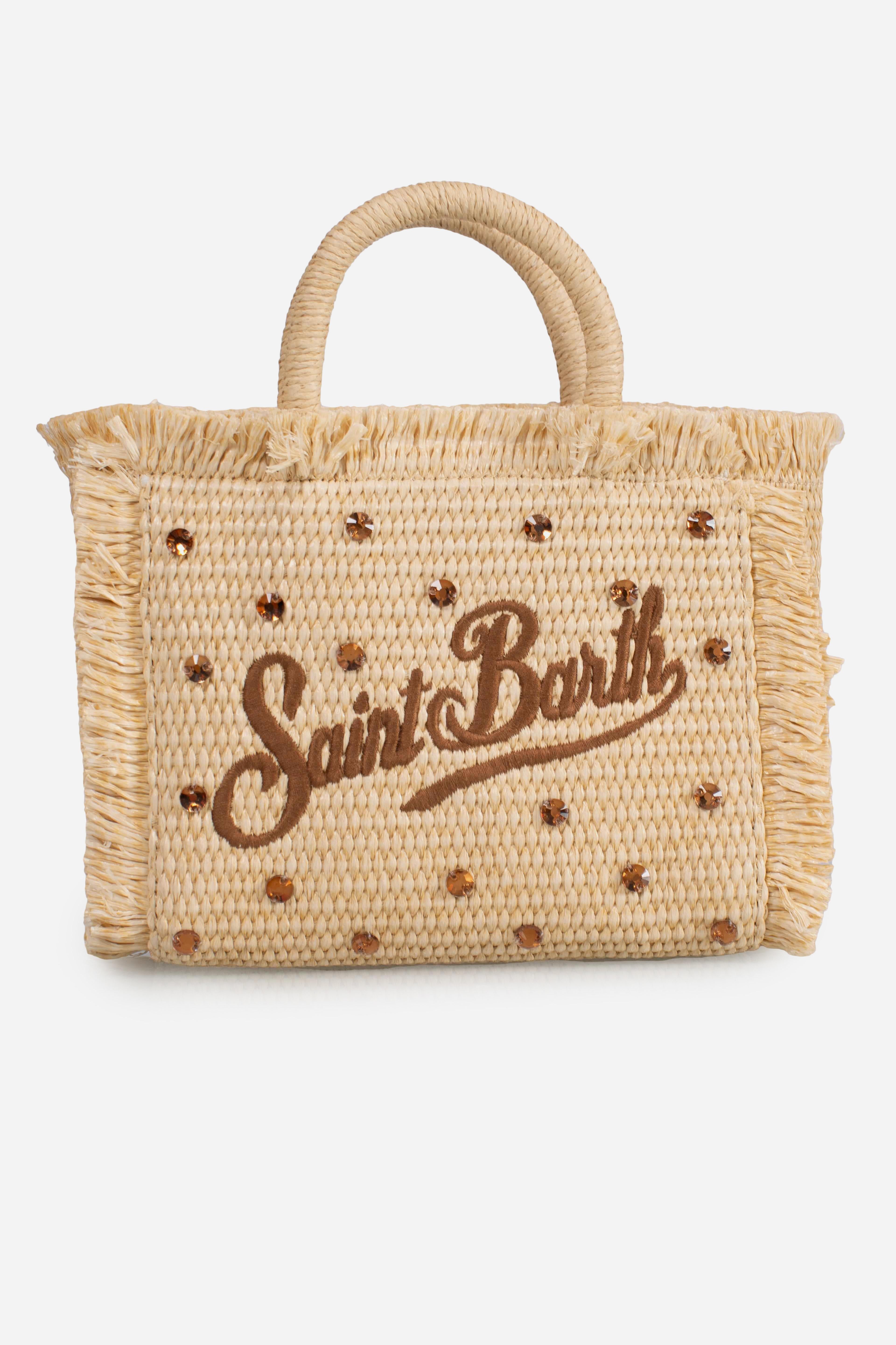 Borsa Mini Vanity effetto paglia con decorazioni in strass