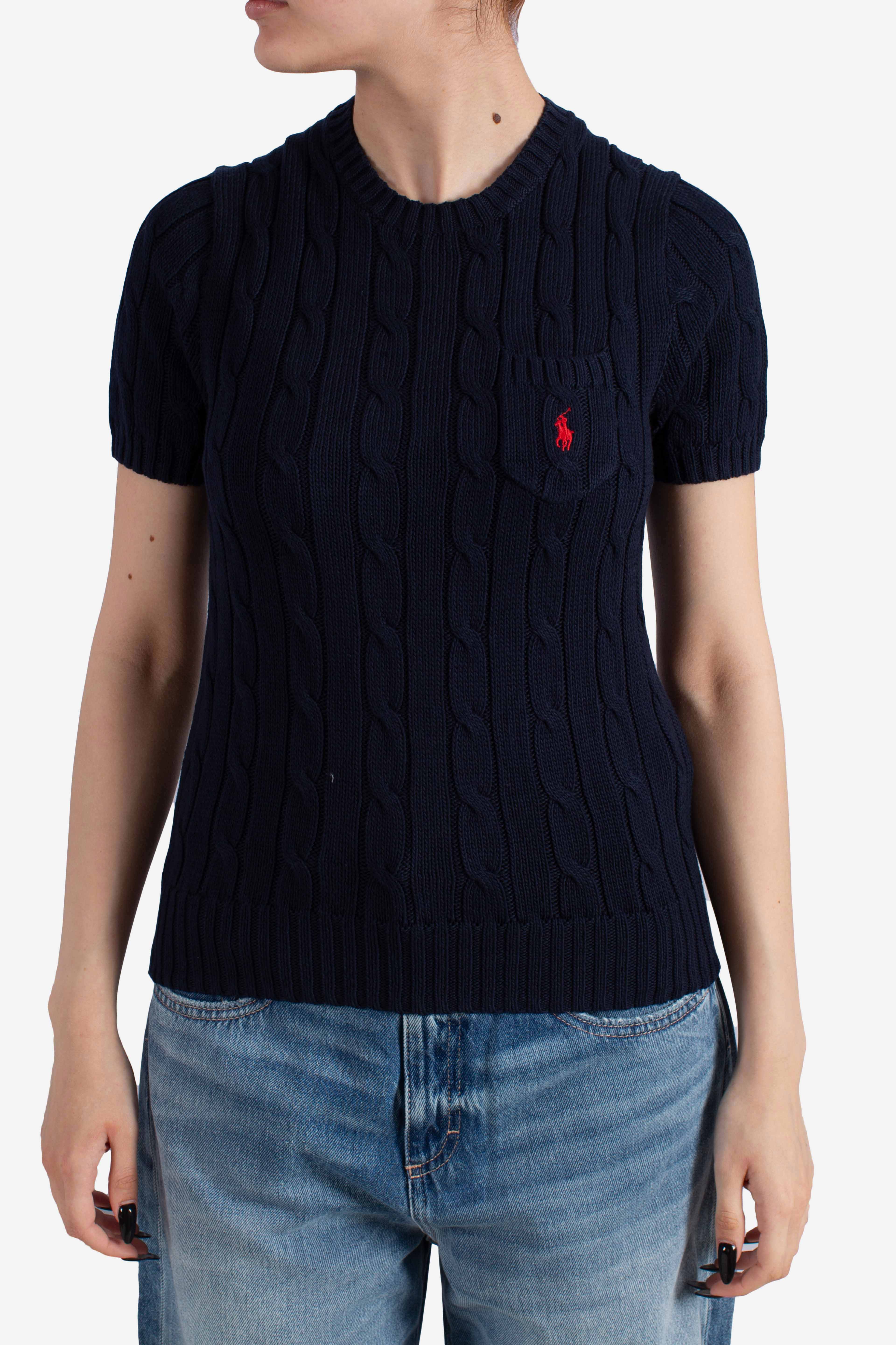 Maglia a maniche corte in cotone a trecce blue