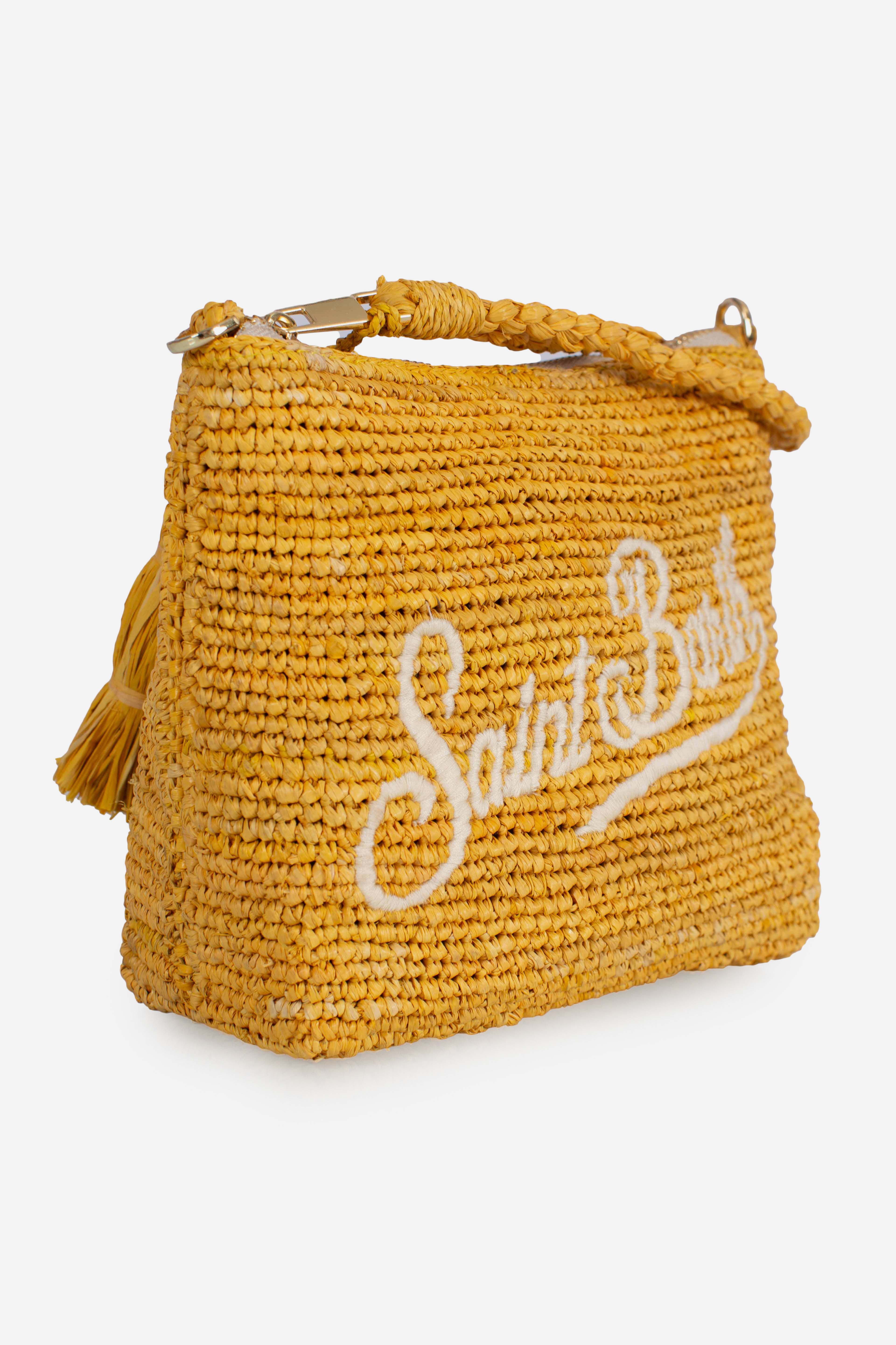 Pouch in rafia intrecciata yellow con logo ricamato