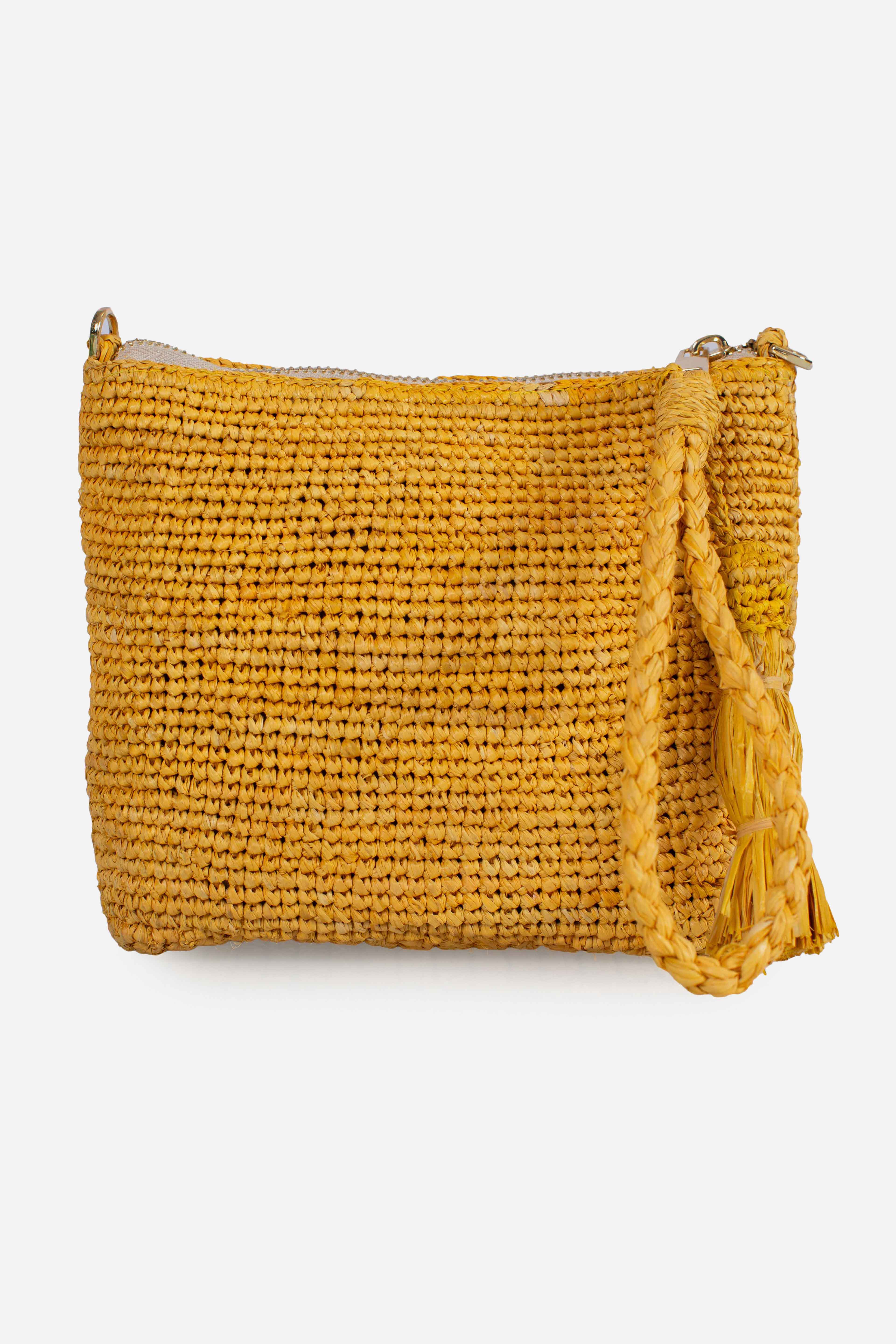 Pouch in rafia intrecciata yellow con logo ricamato