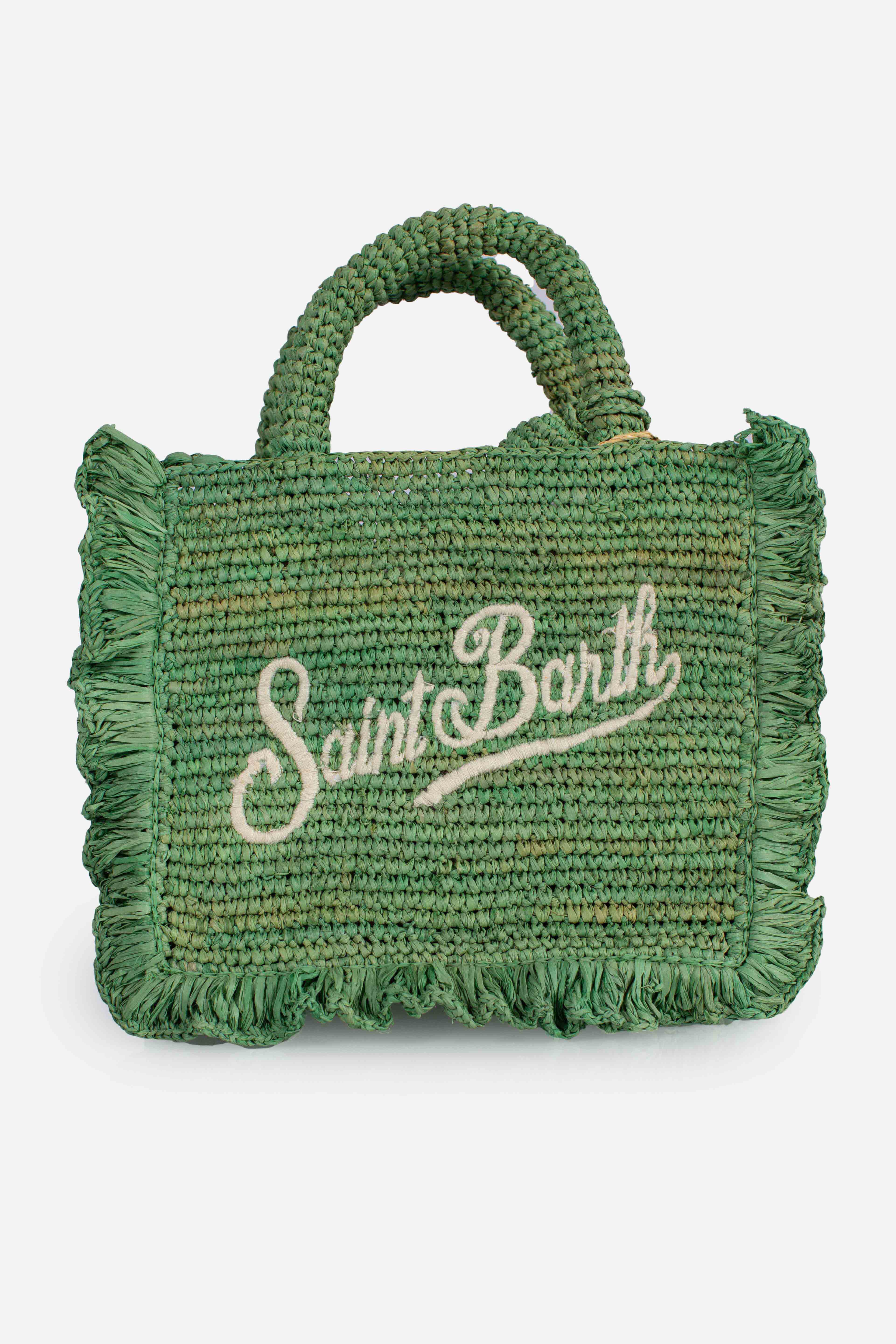 Borsa Volant Mini in raffia verde con logo ricamato