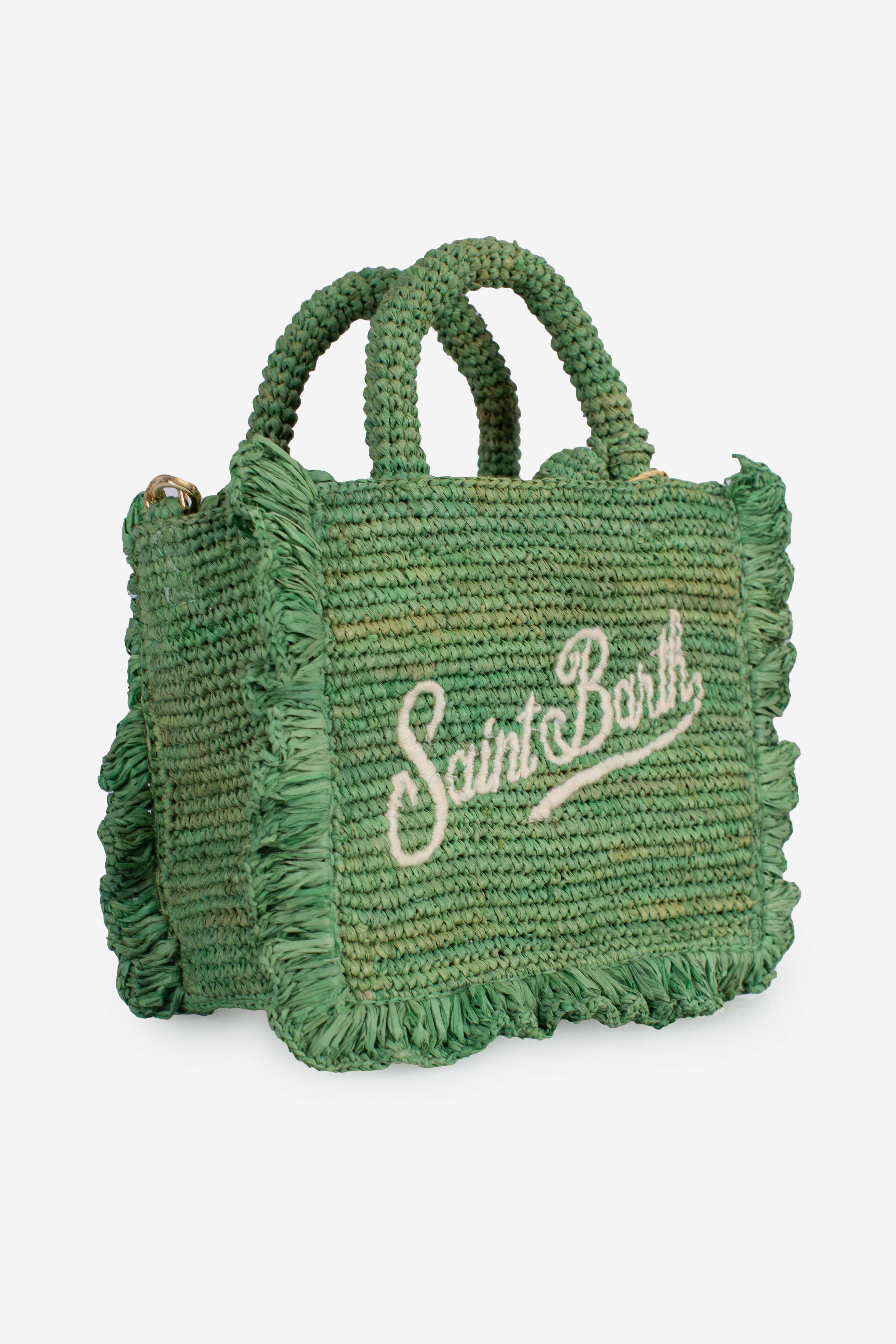 Borsa Volant Mini in raffia verde con logo ricamato