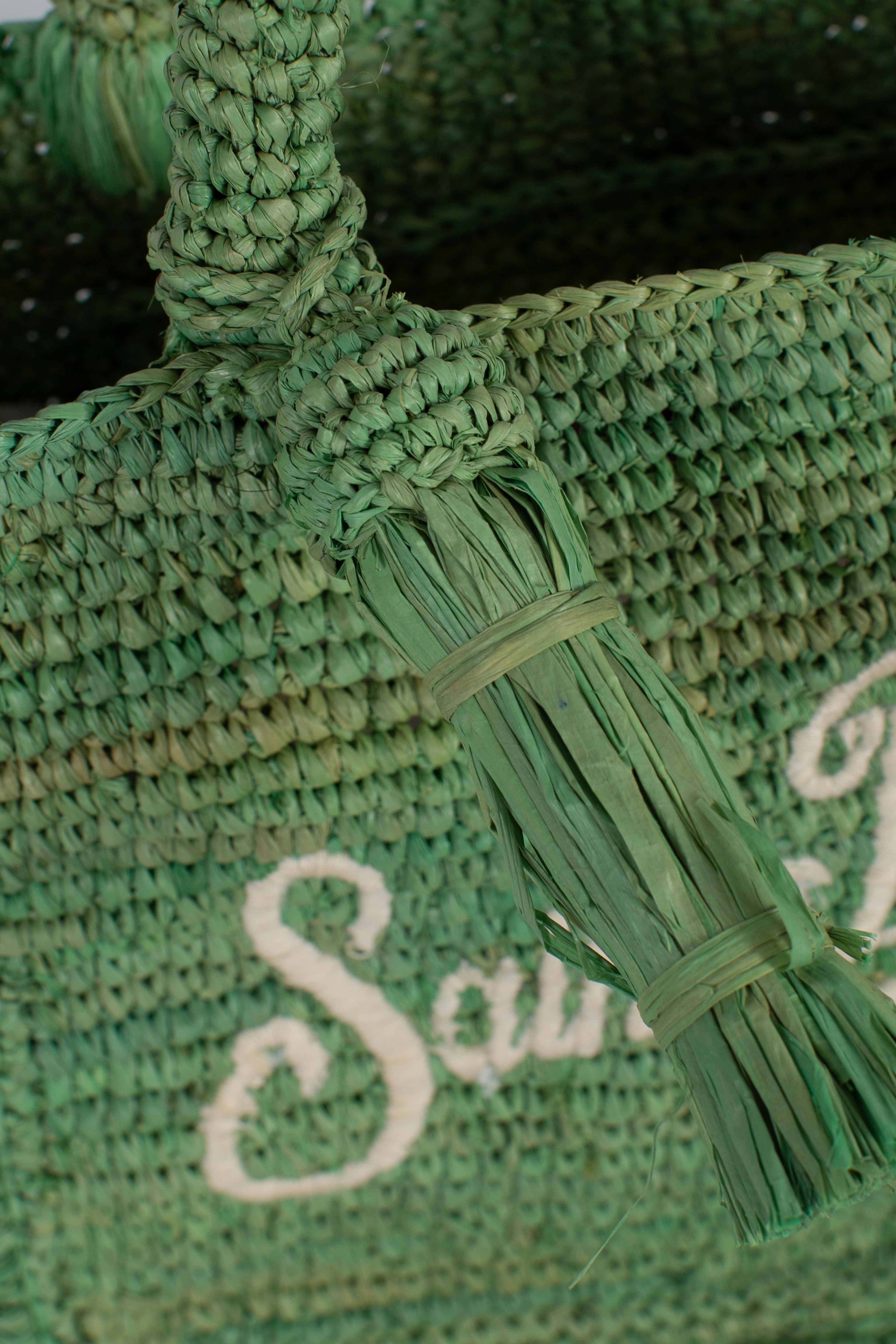 Borsa Volant Mini in raffia verde con logo ricamato