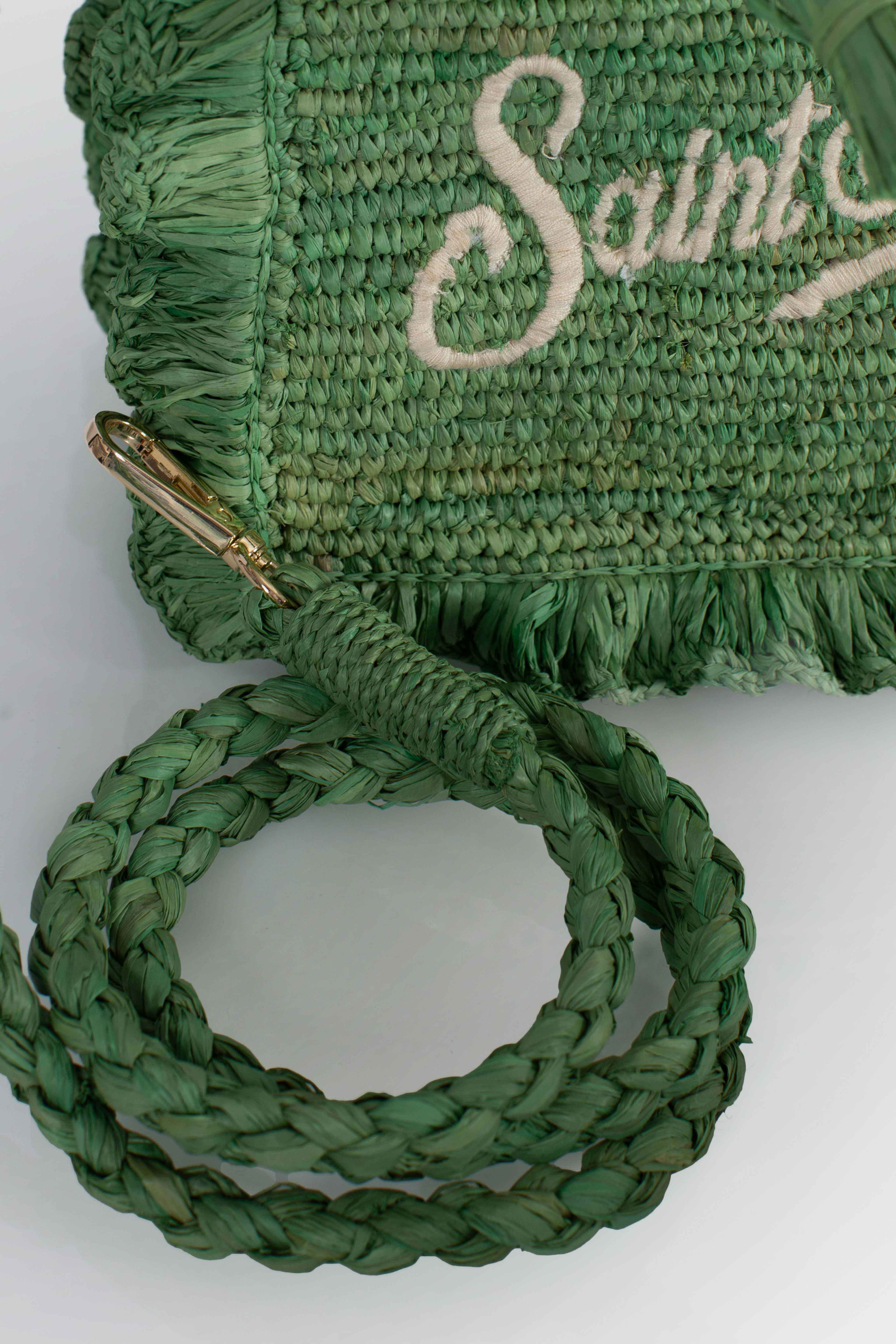 Borsa Volant Mini in raffia verde con logo ricamato