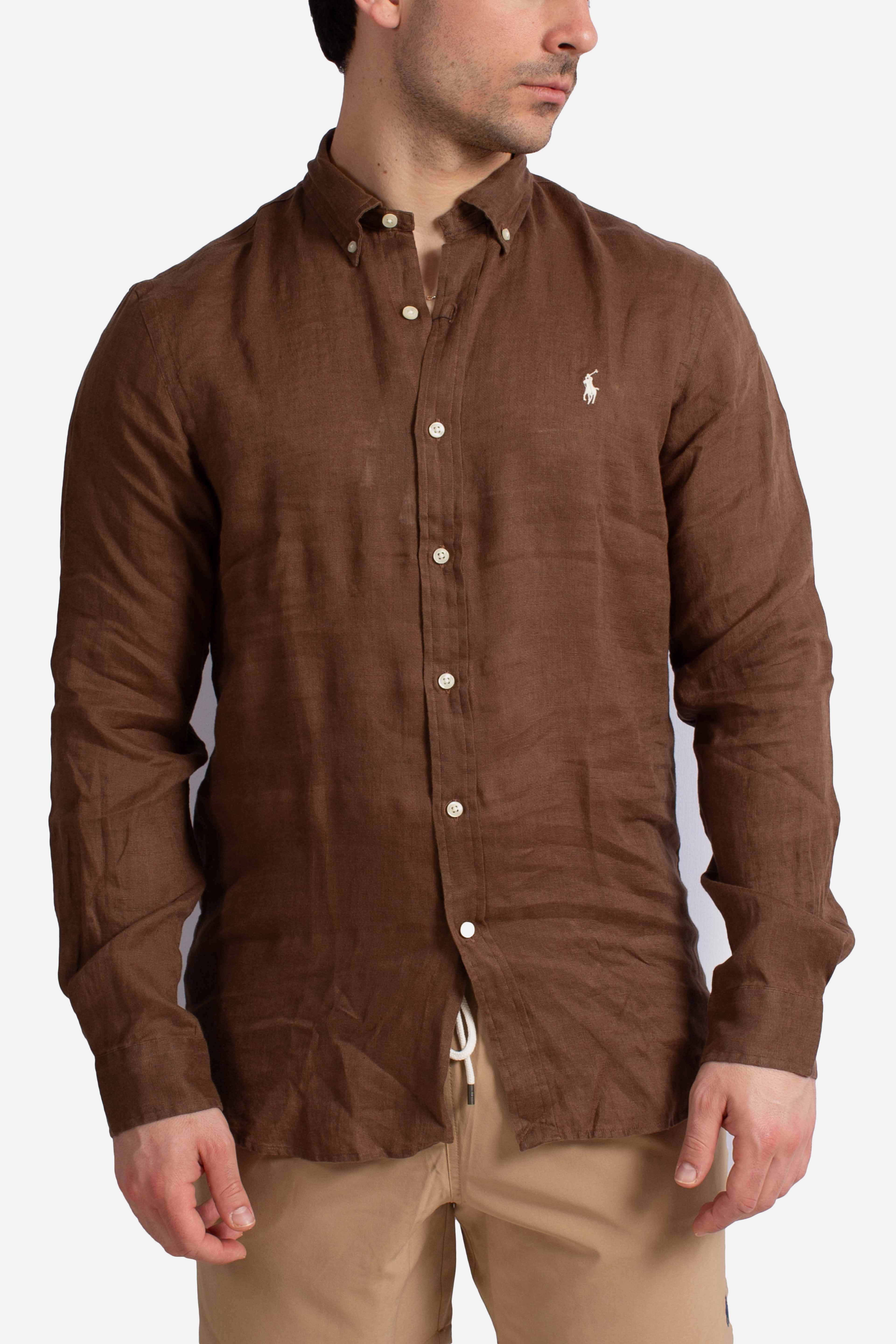 Camicia in lino botton down Slim-Fit brown