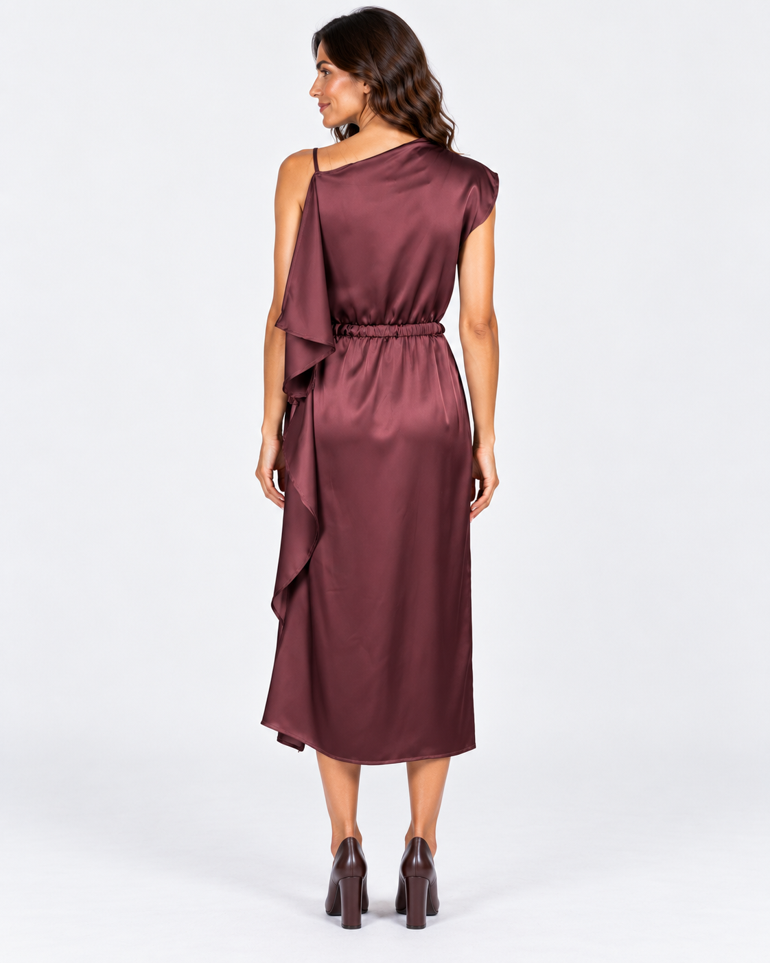Dixie abito midi donna satinato bordeaux con cintura