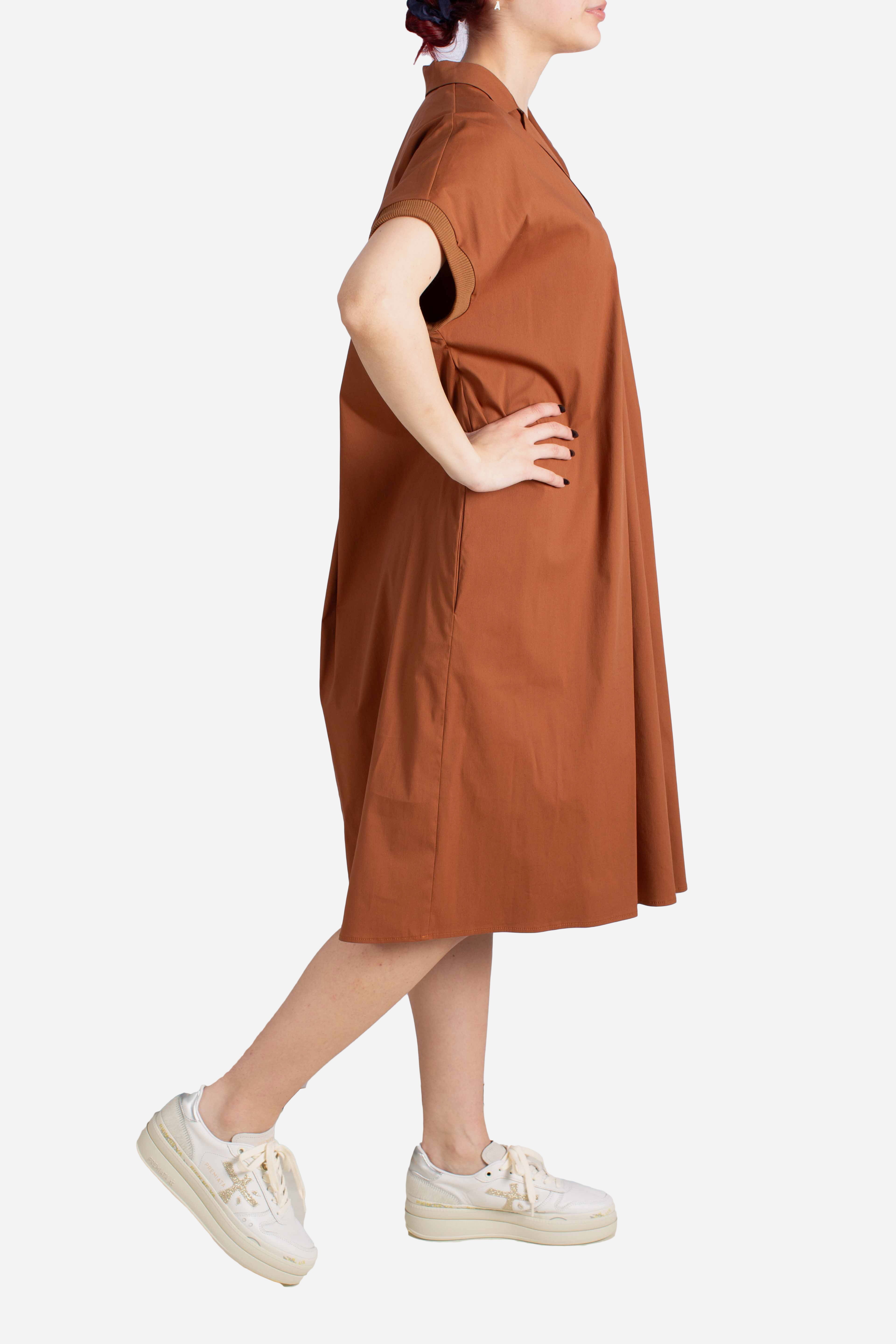 Abito midi chemisier con colletto e tasche tabacco