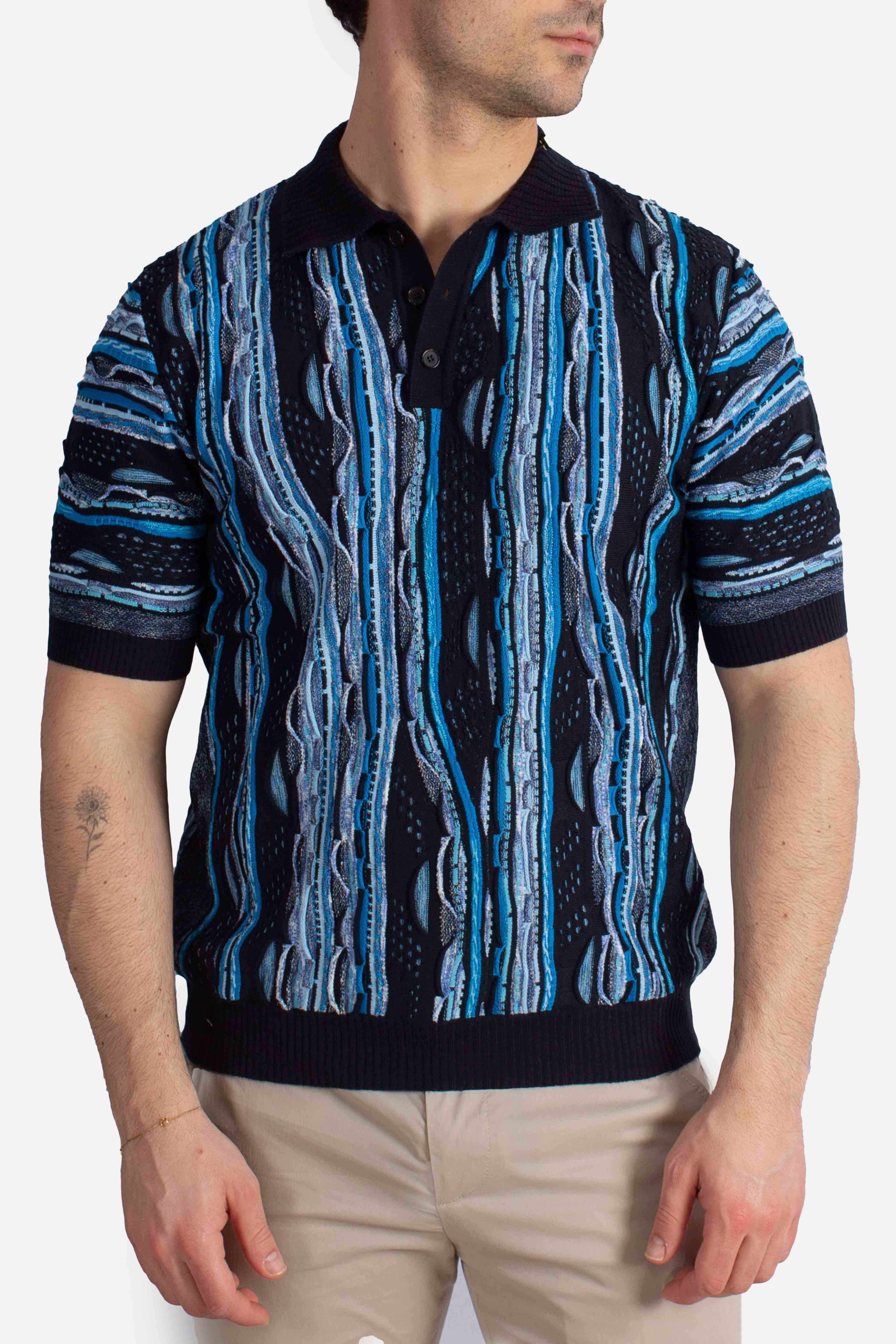 Polo uomo in maglia jacquard blu con fantasia verticale
