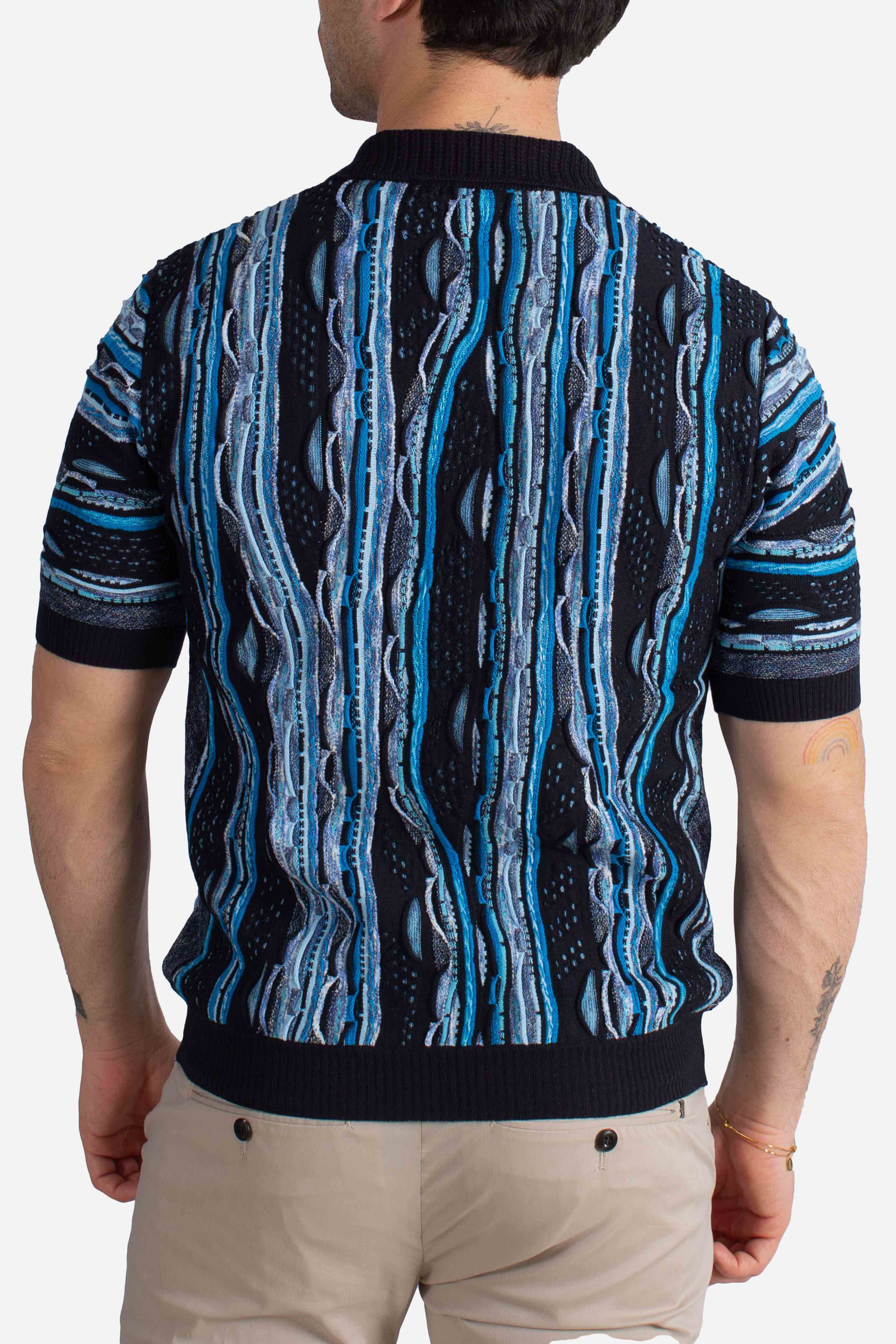 Polo uomo in maglia jacquard blu con fantasia verticale