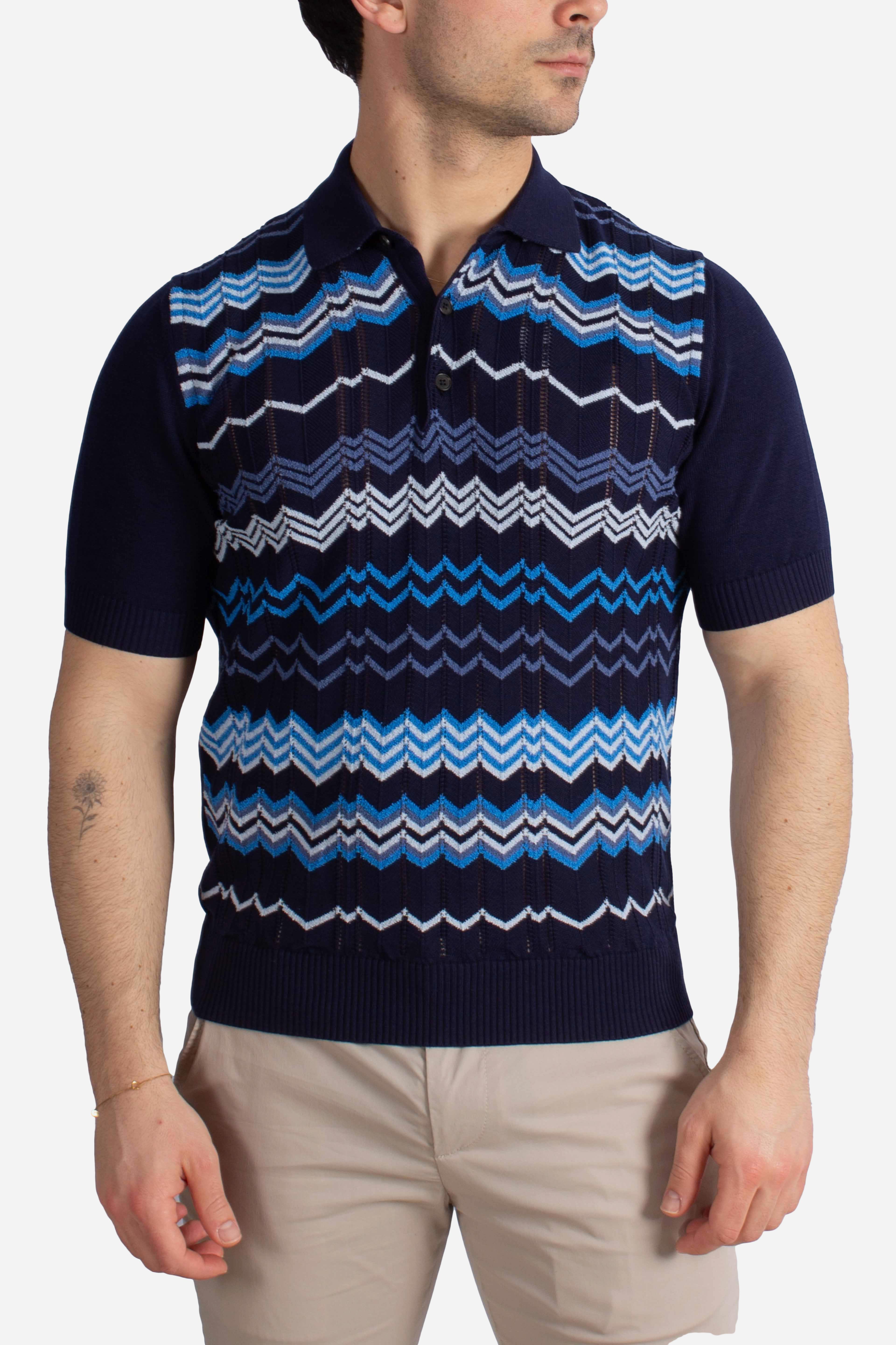 Polo uomo in cotone stretch blu navy con motivo jacquard geometrico