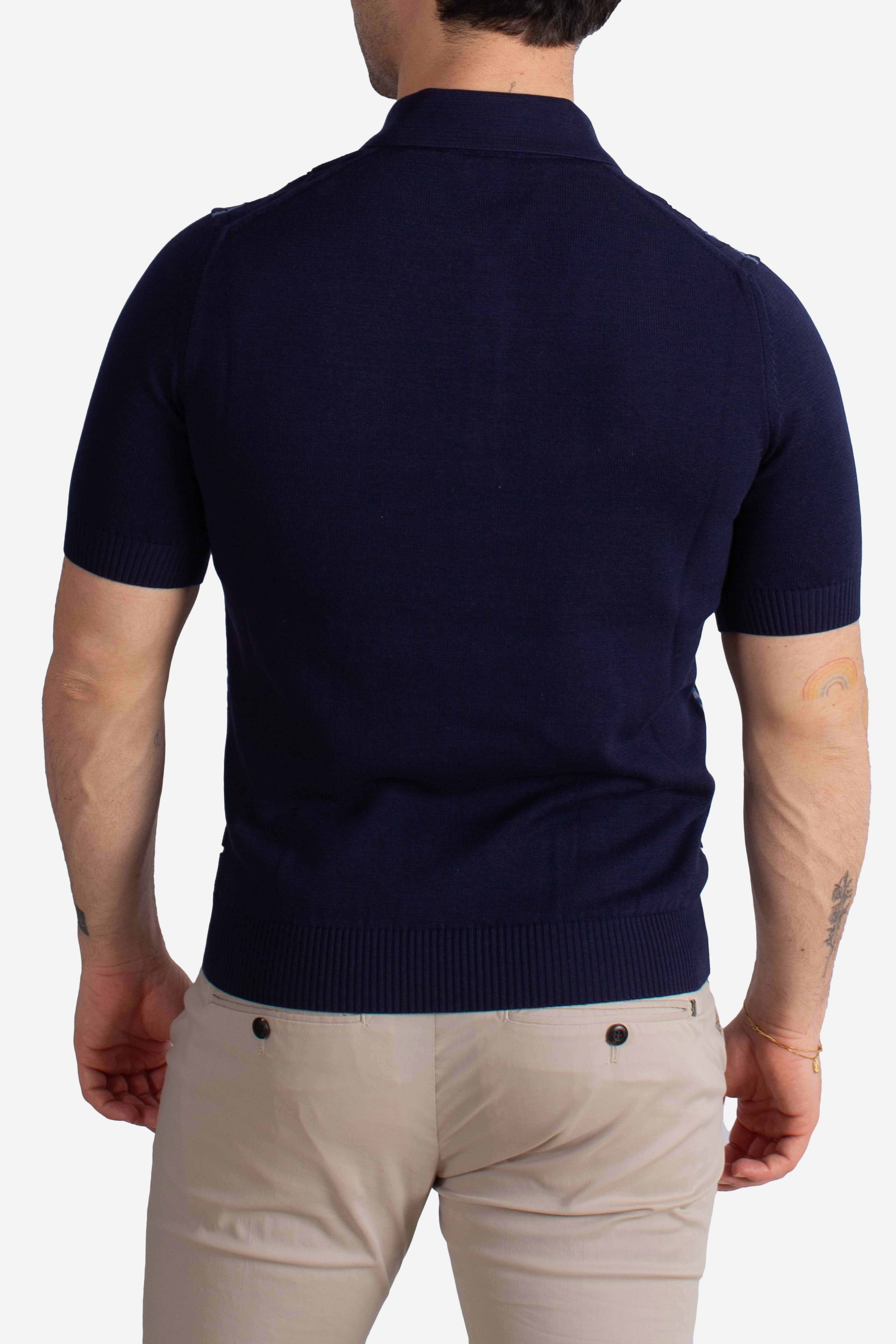 Polo uomo in cotone stretch blu navy con motivo jacquard geometrico