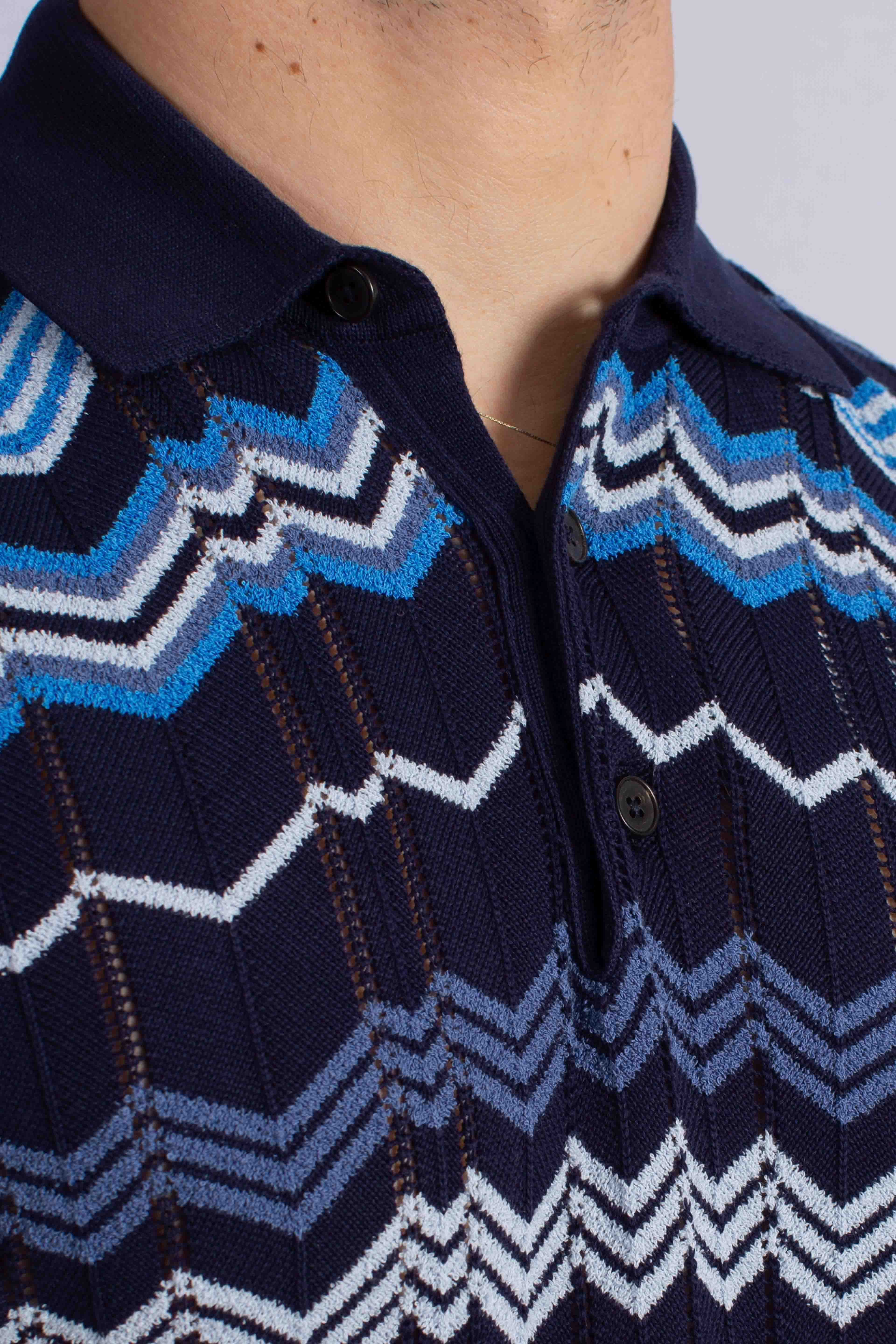 Polo uomo in cotone stretch blu navy con motivo jacquard geometrico