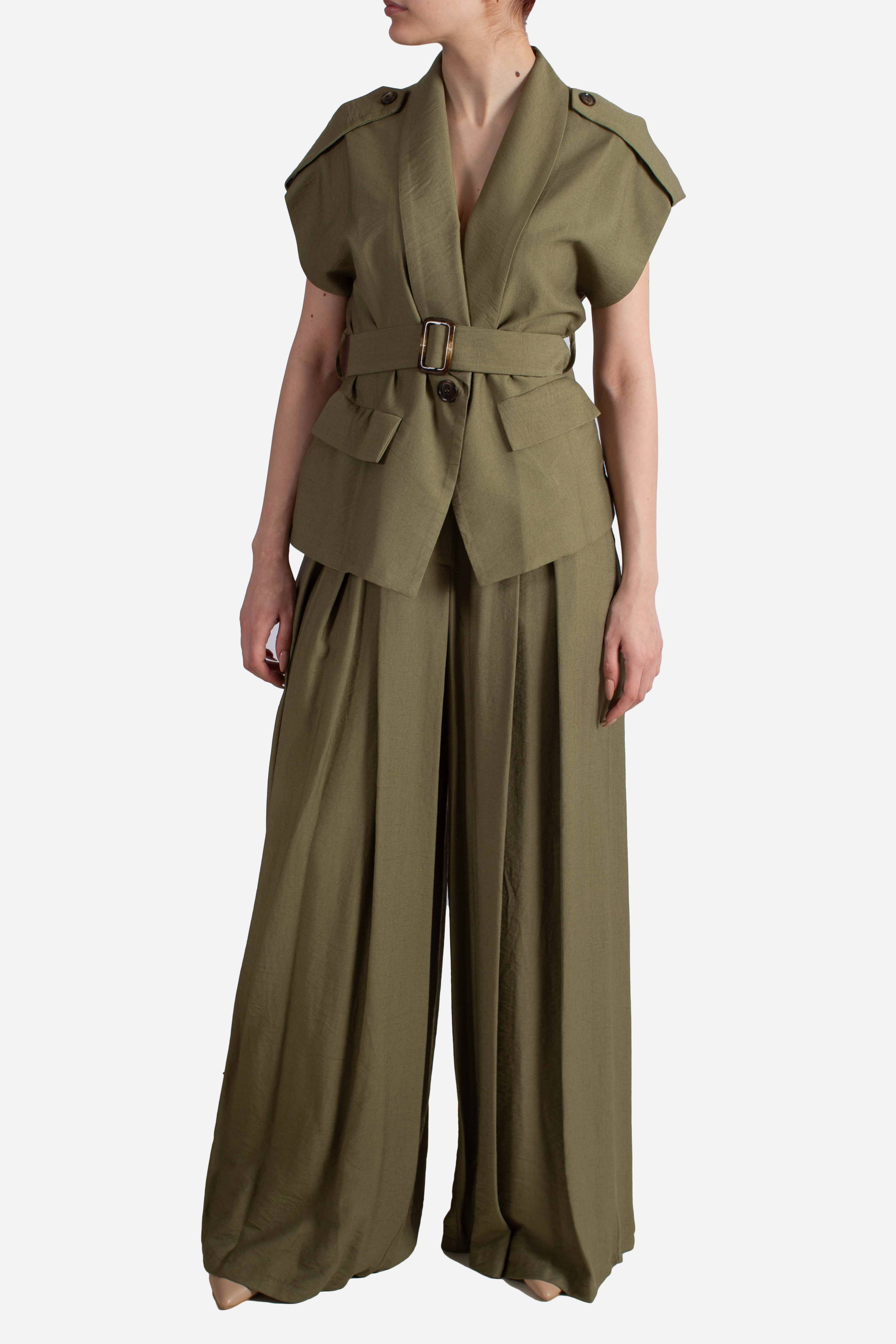 Gilet donna verde militare con cintura in vita