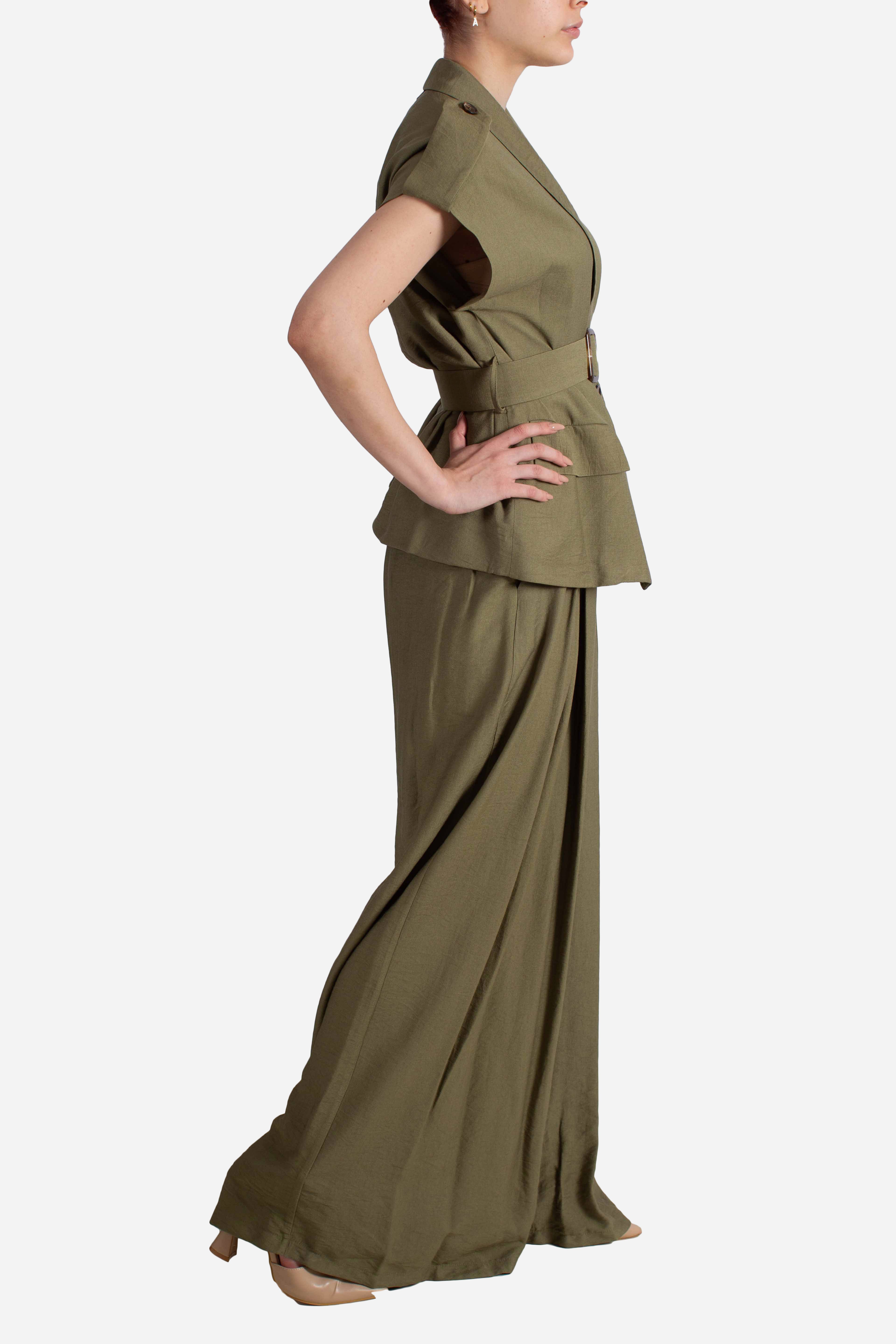 Gilet donna verde militare con cintura in vita