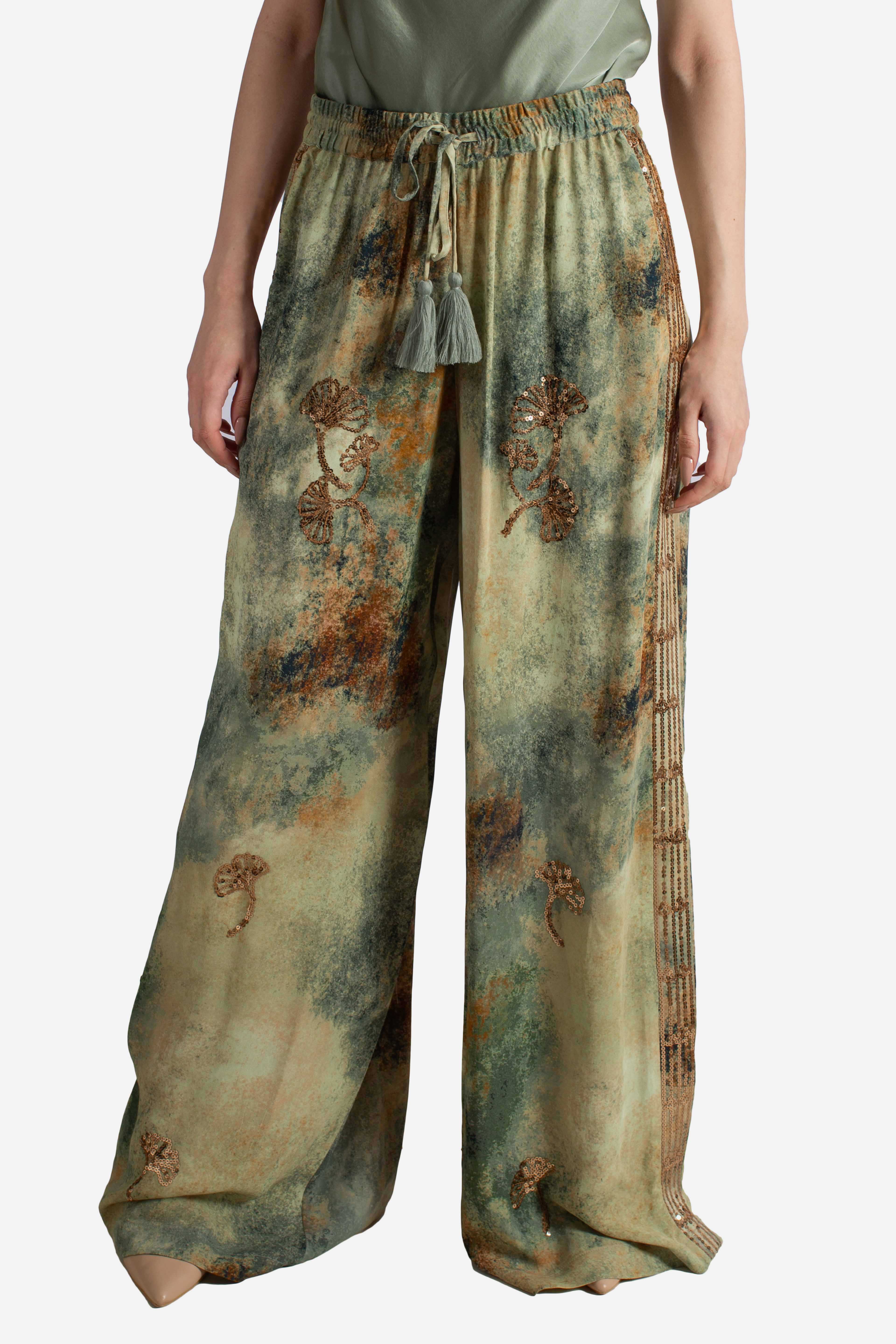 Pantalone donna in viscosa fantasia con ricami paillettes