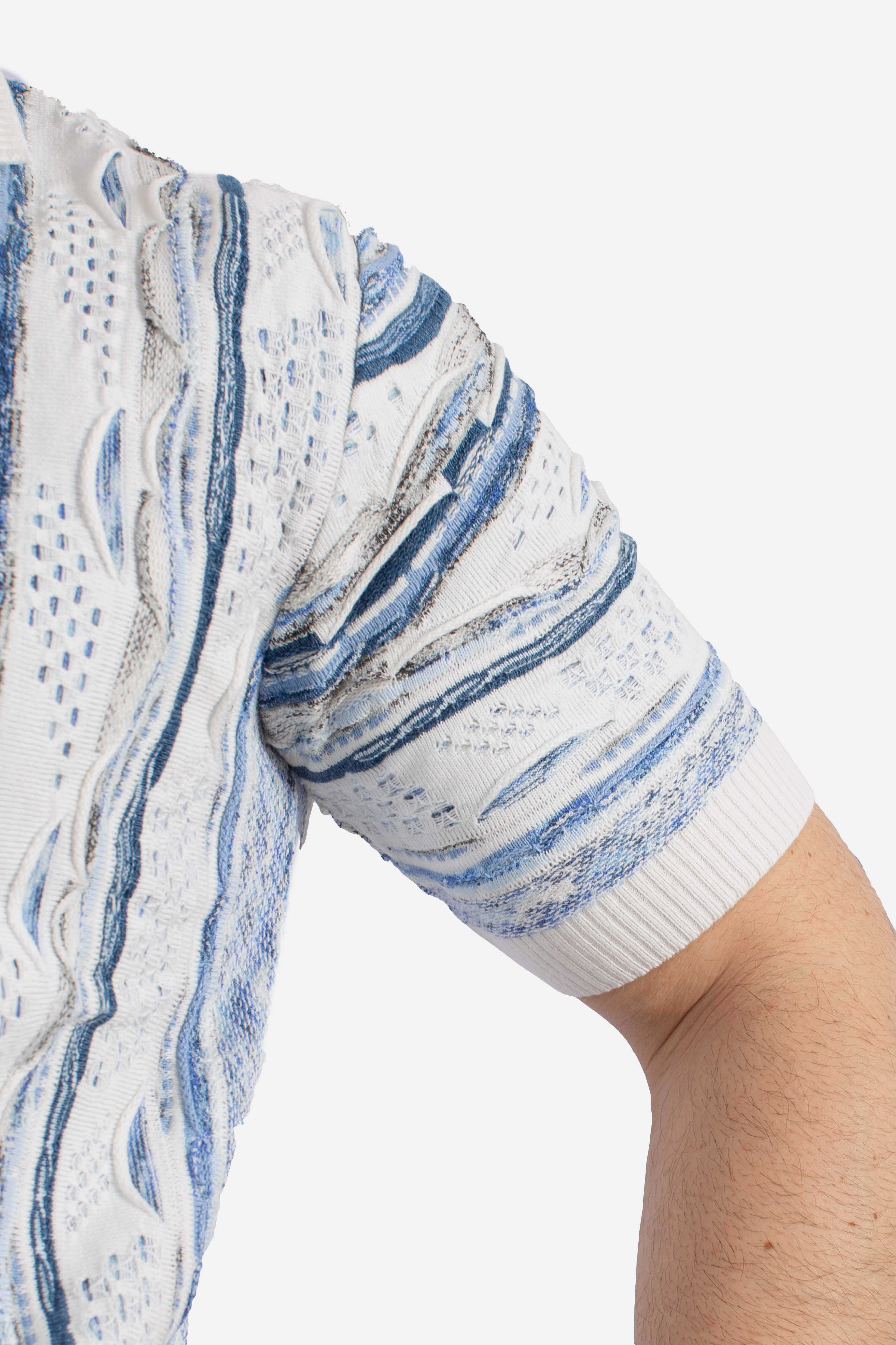 Polo uomo in maglia jacquard bianca con fantasia verticale nei toni del blu