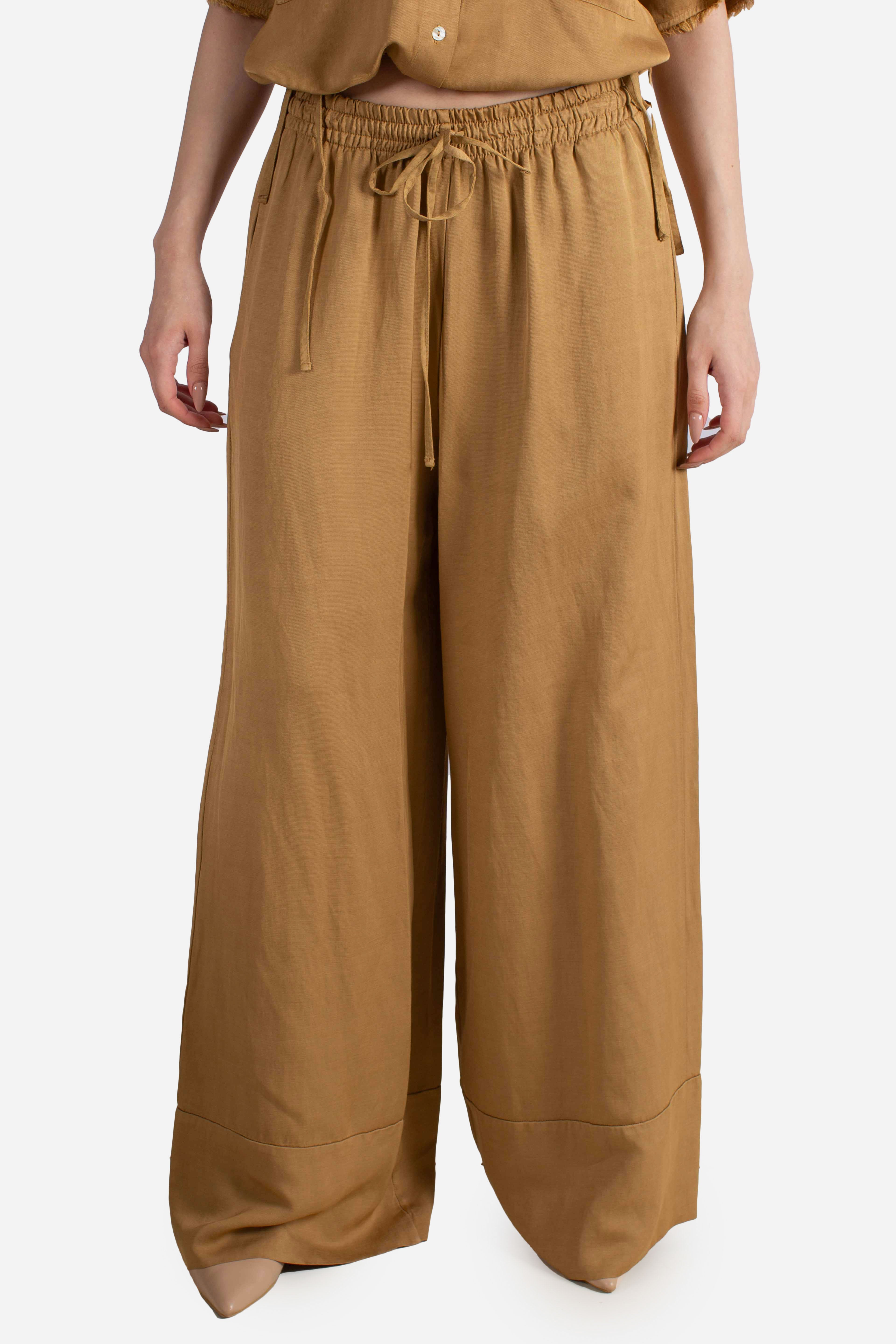 Pantalone palazzo donna color cammello in misto viscosa e lino