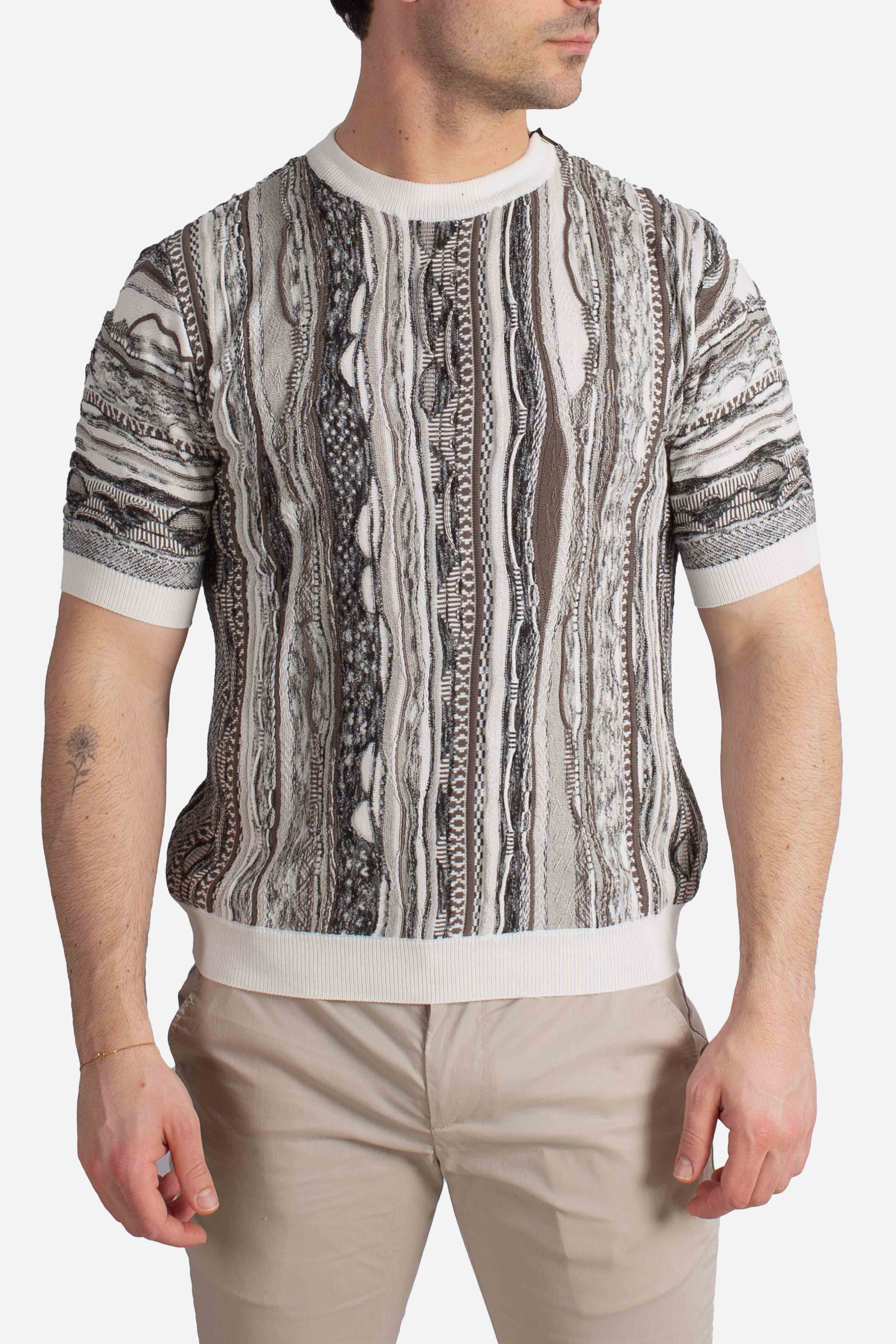 Maglia uomo mezza manica in cotone blend con fantasia jacquard multicolor