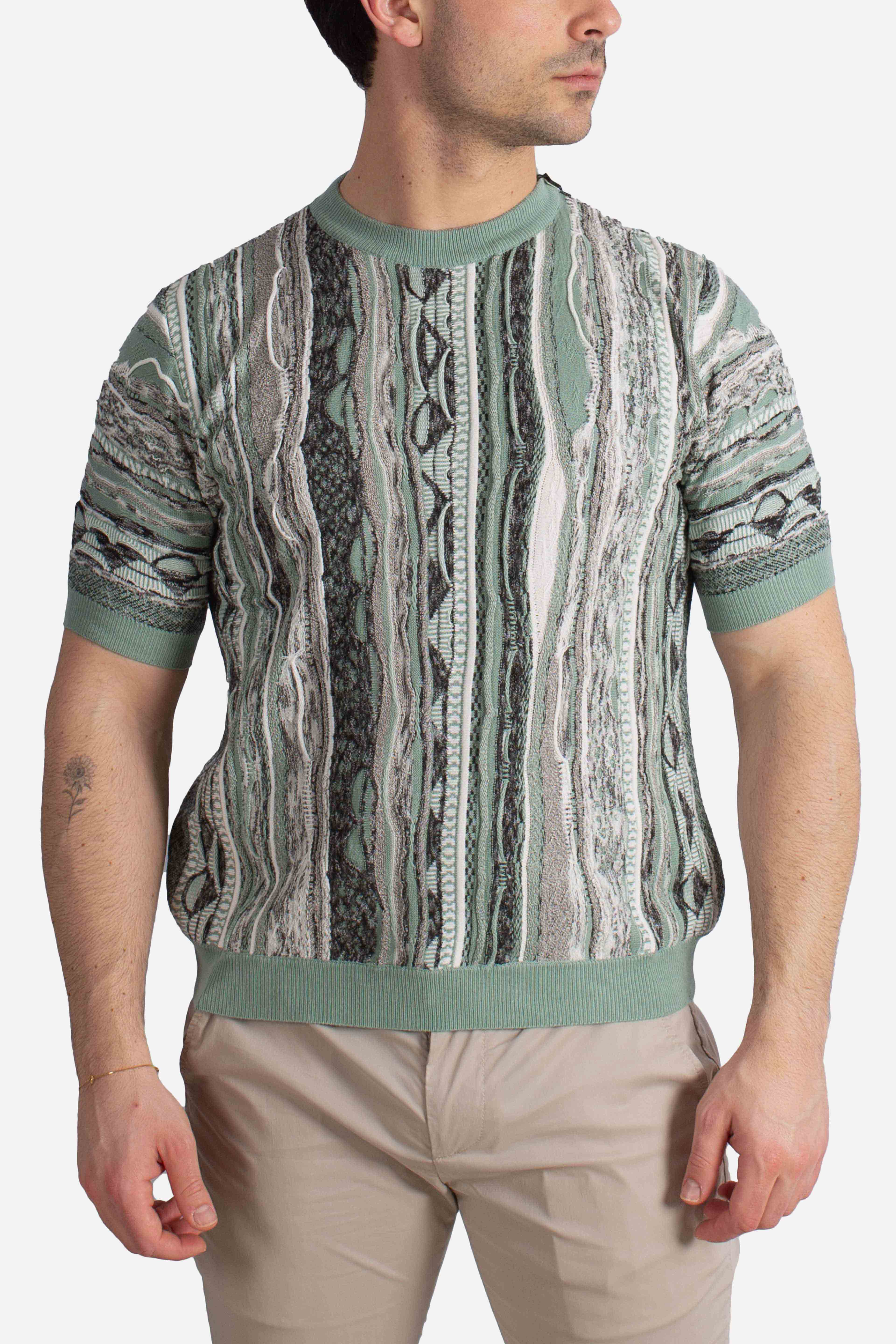 Maglia uomo mezza manica in cotone blend con fantasia jacquard verde salvia