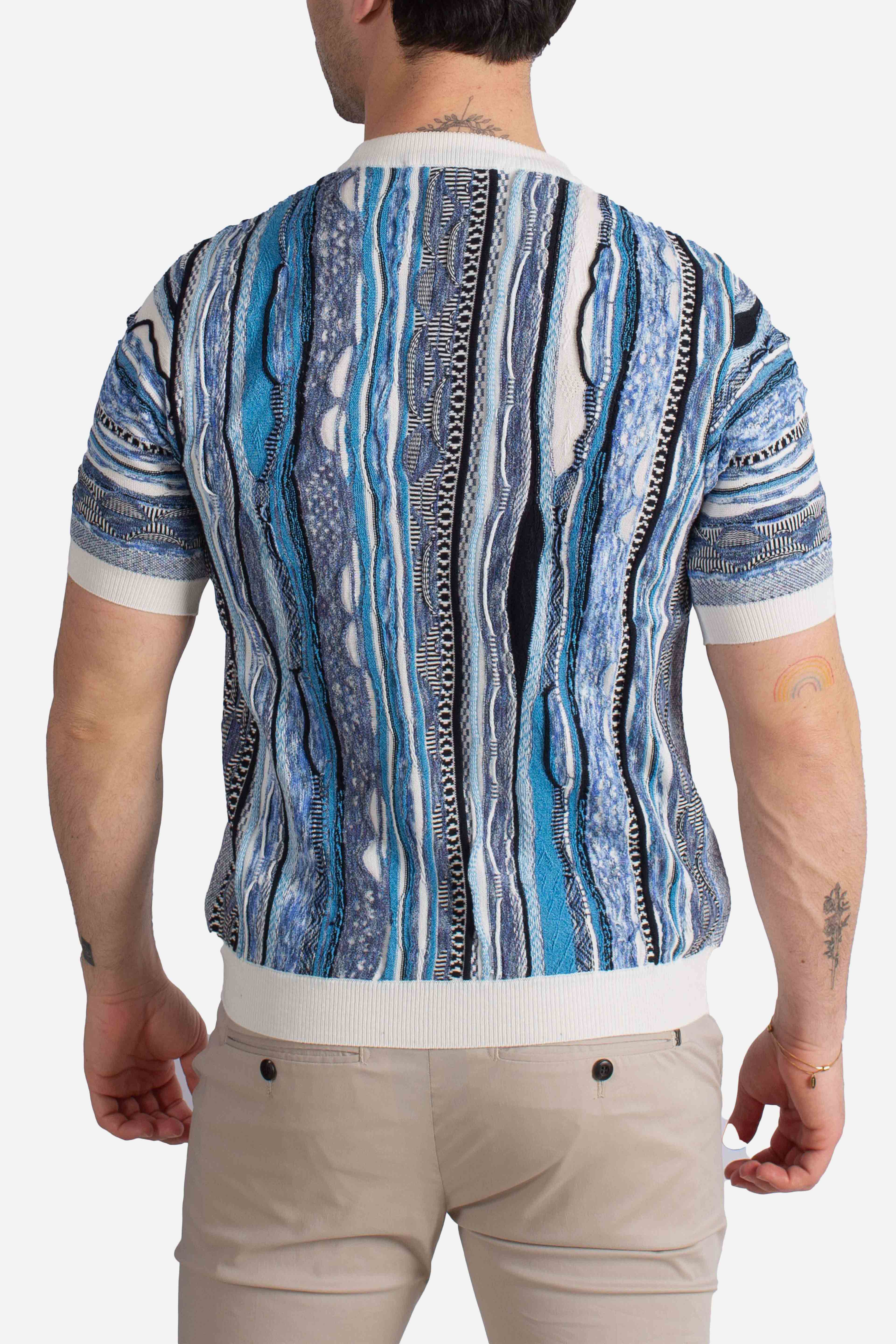 Maglia uomo mezza manica in cotone blend con fantasia jacquard nei toni del blu