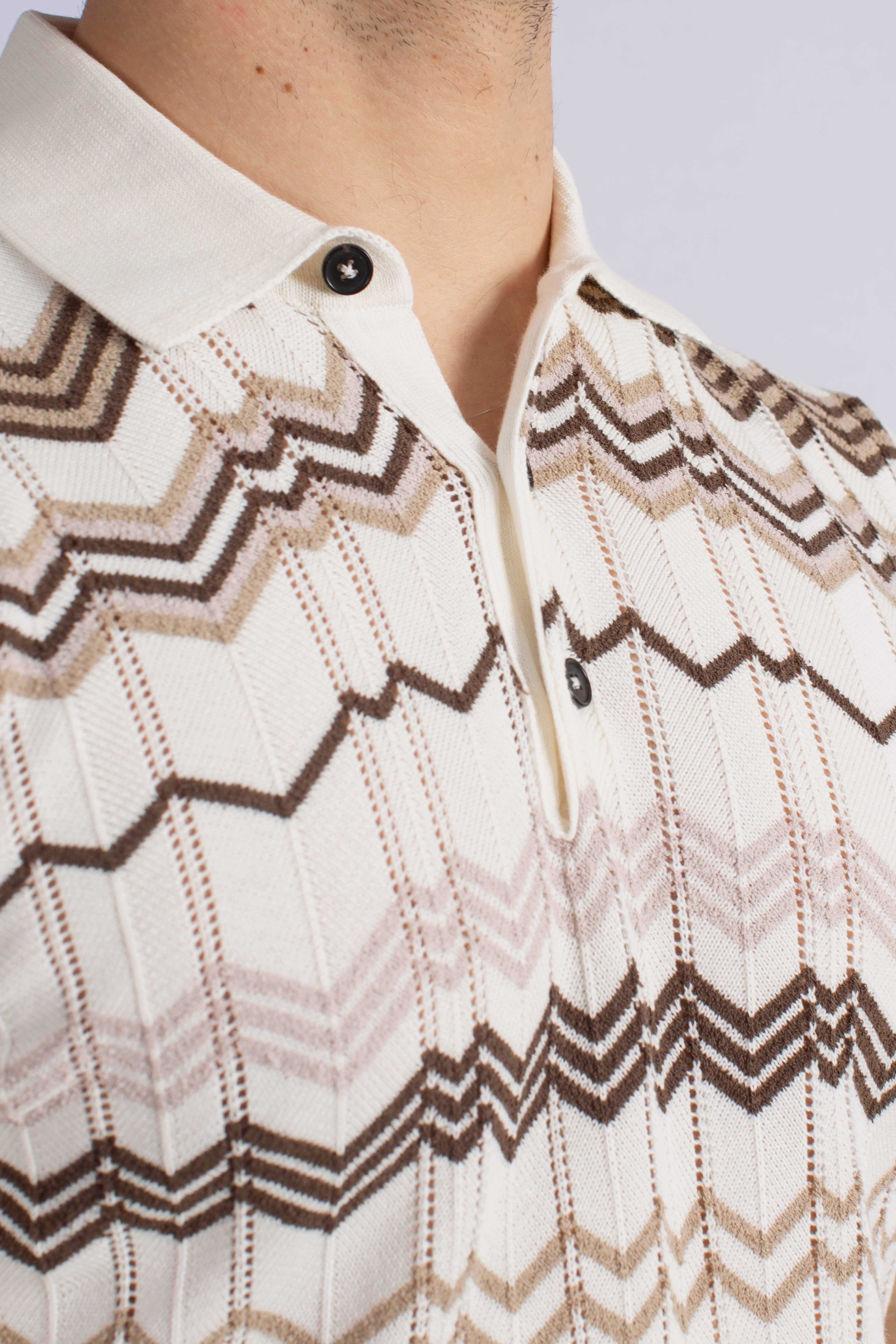 Polo uomo in cotone stretch panna con motivo jacquard geometrico