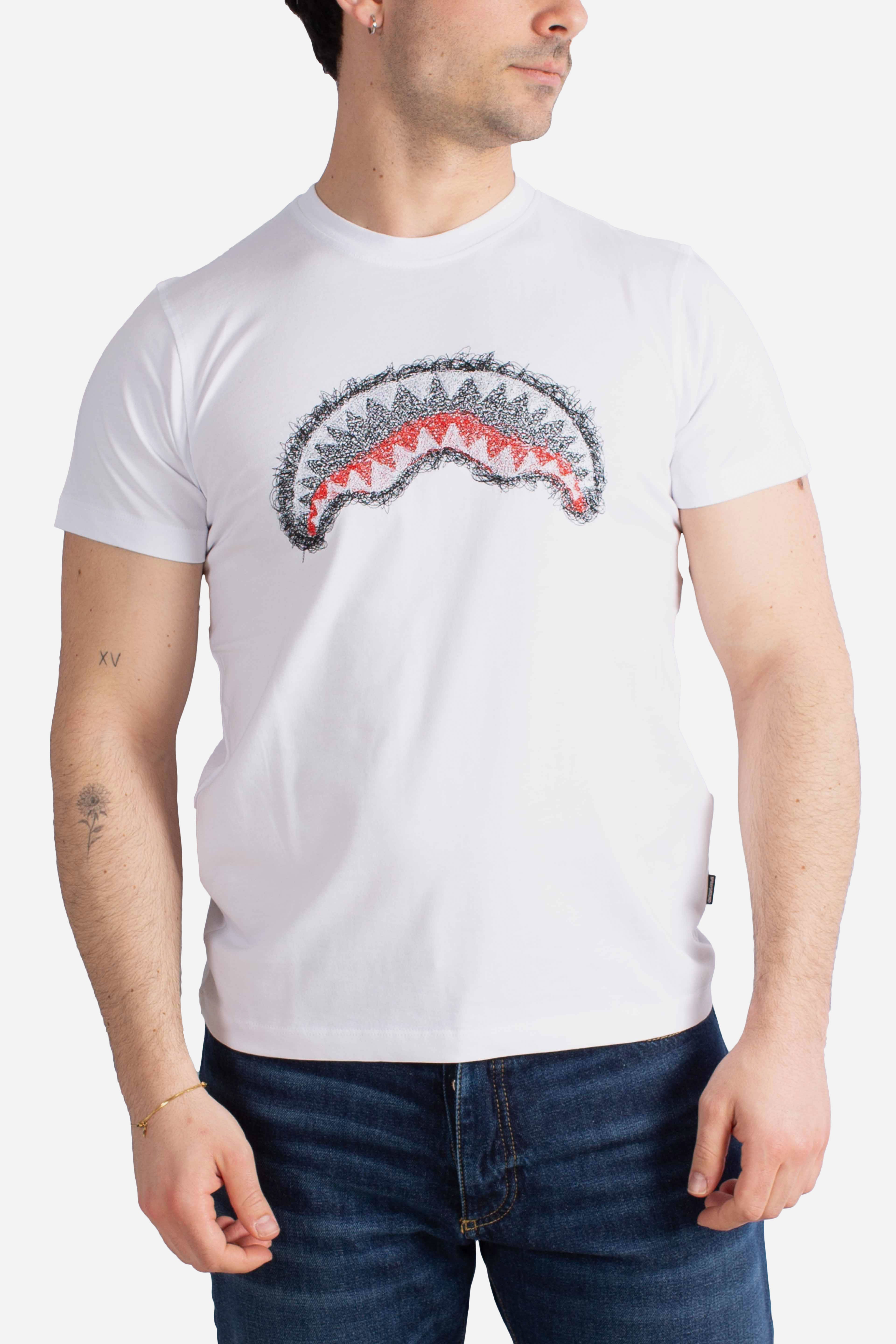 T-shirt scribble embroidery shark reg white
