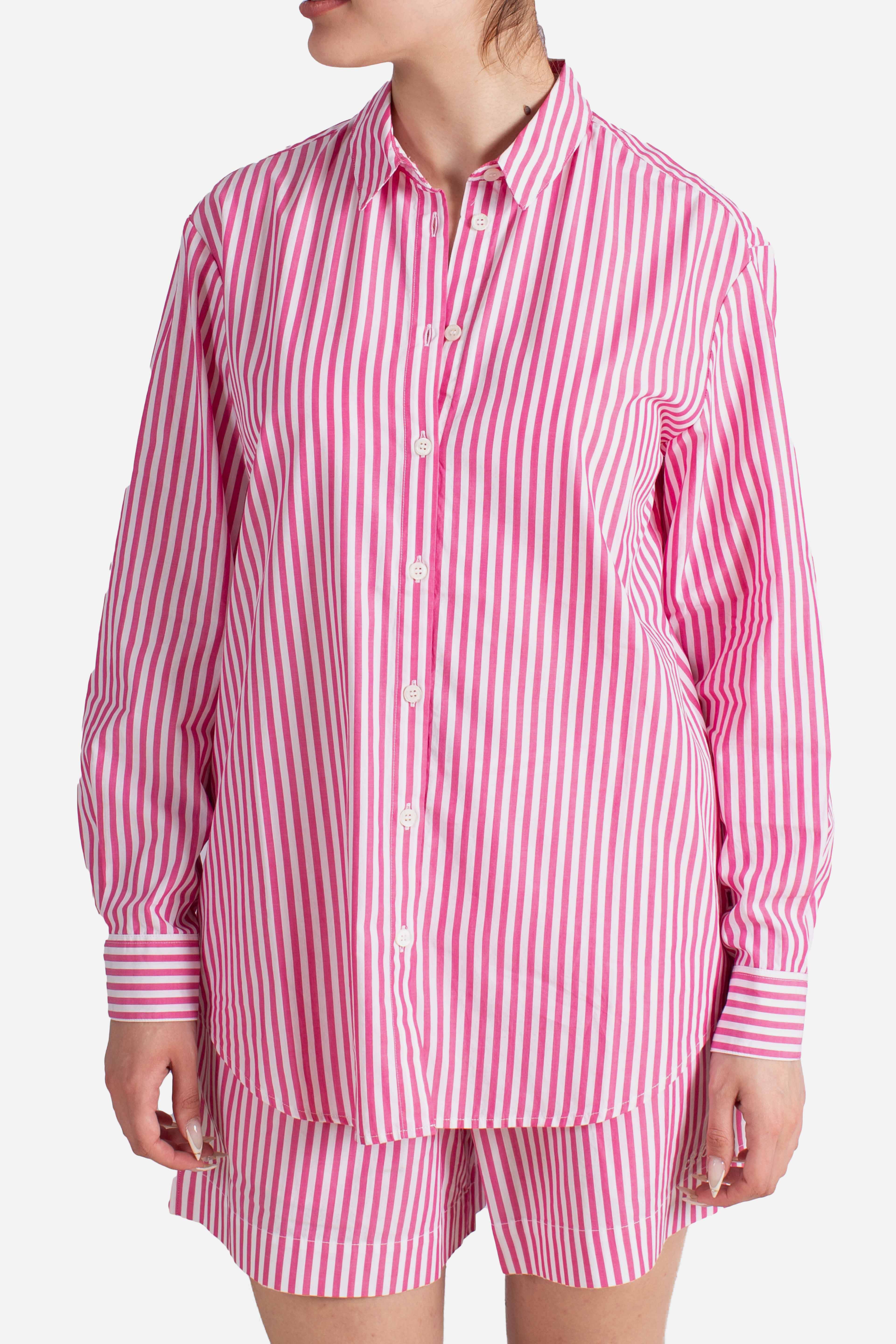 Camicia Brigitte in cotone a righe bianco fucsia con ricamo Sport Club