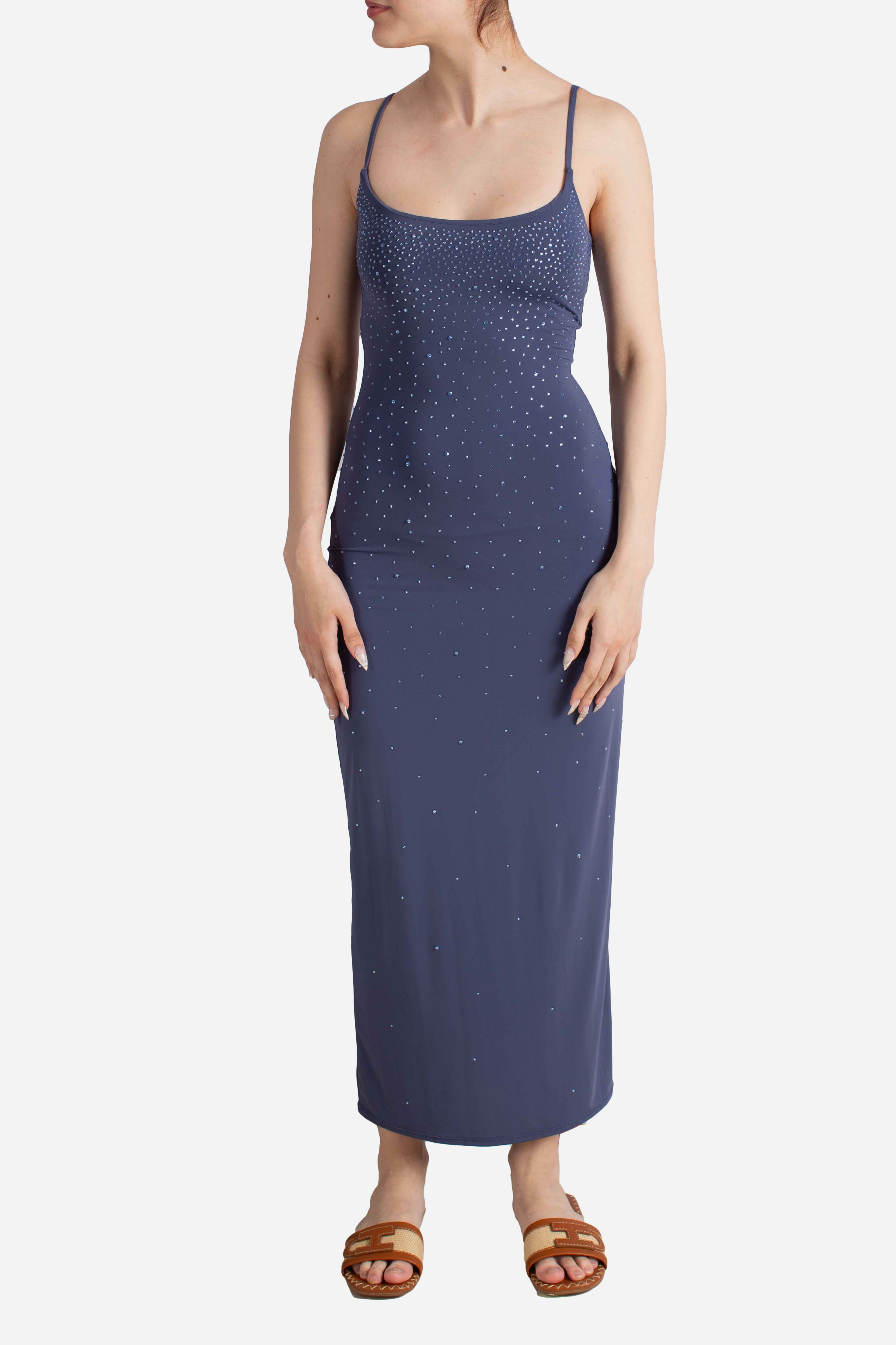 Abito lungo Evy blu con strass effetto degradé