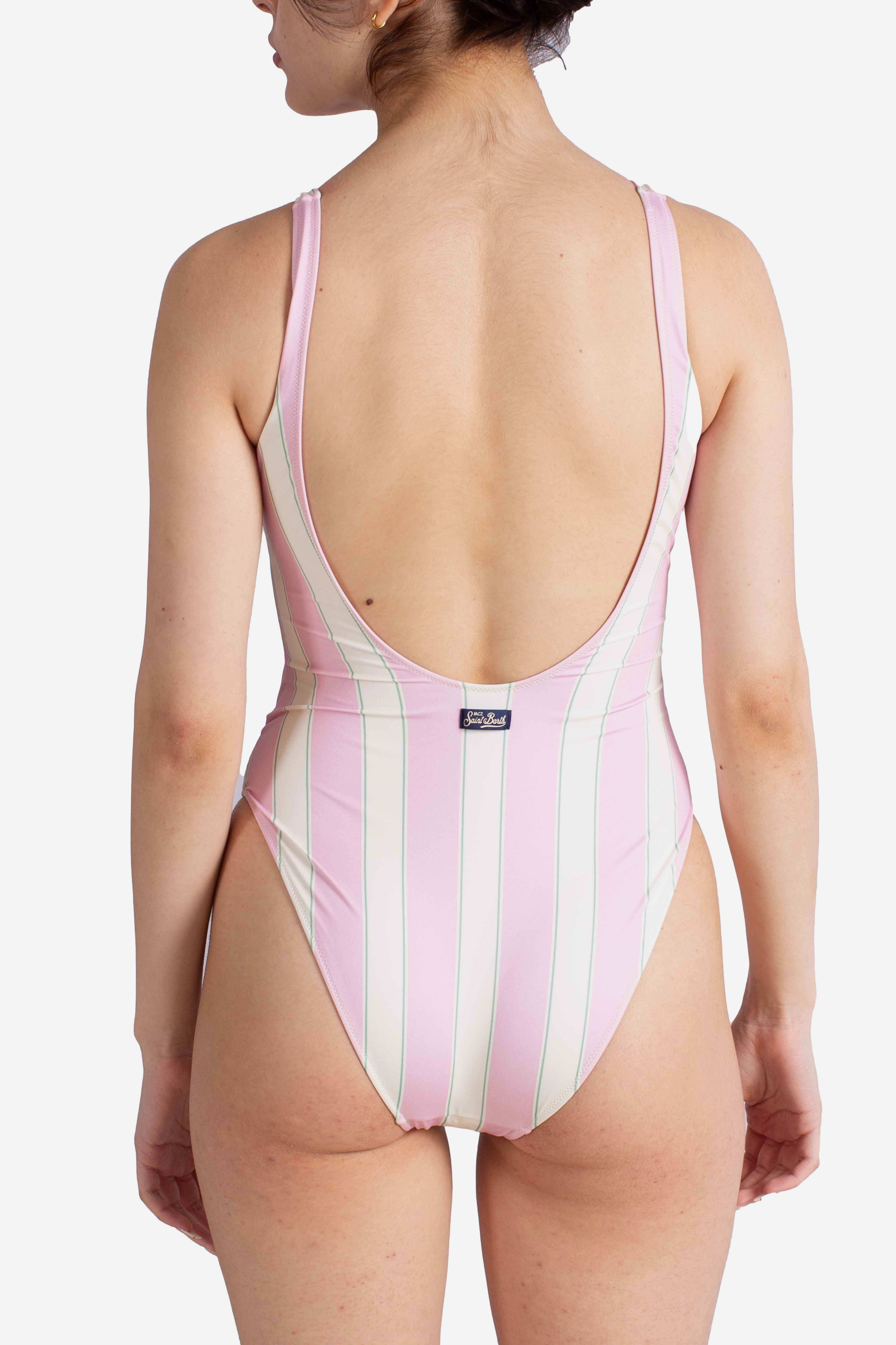Costume intero Lora a righe rosa e panna con stampa Beach Club