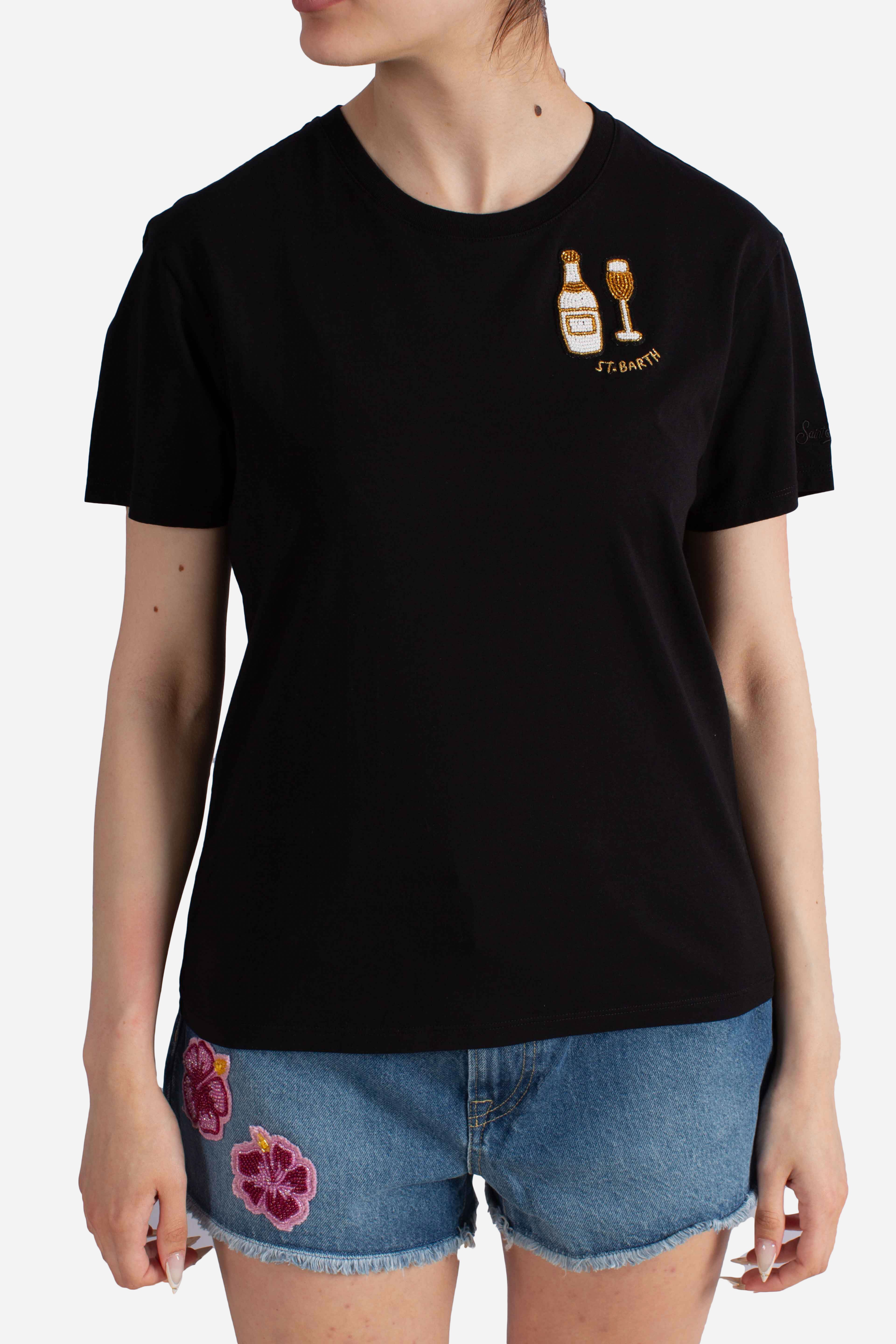 T-shirt Emilie in cotone nero con applicazione in strass Bollicine Queen