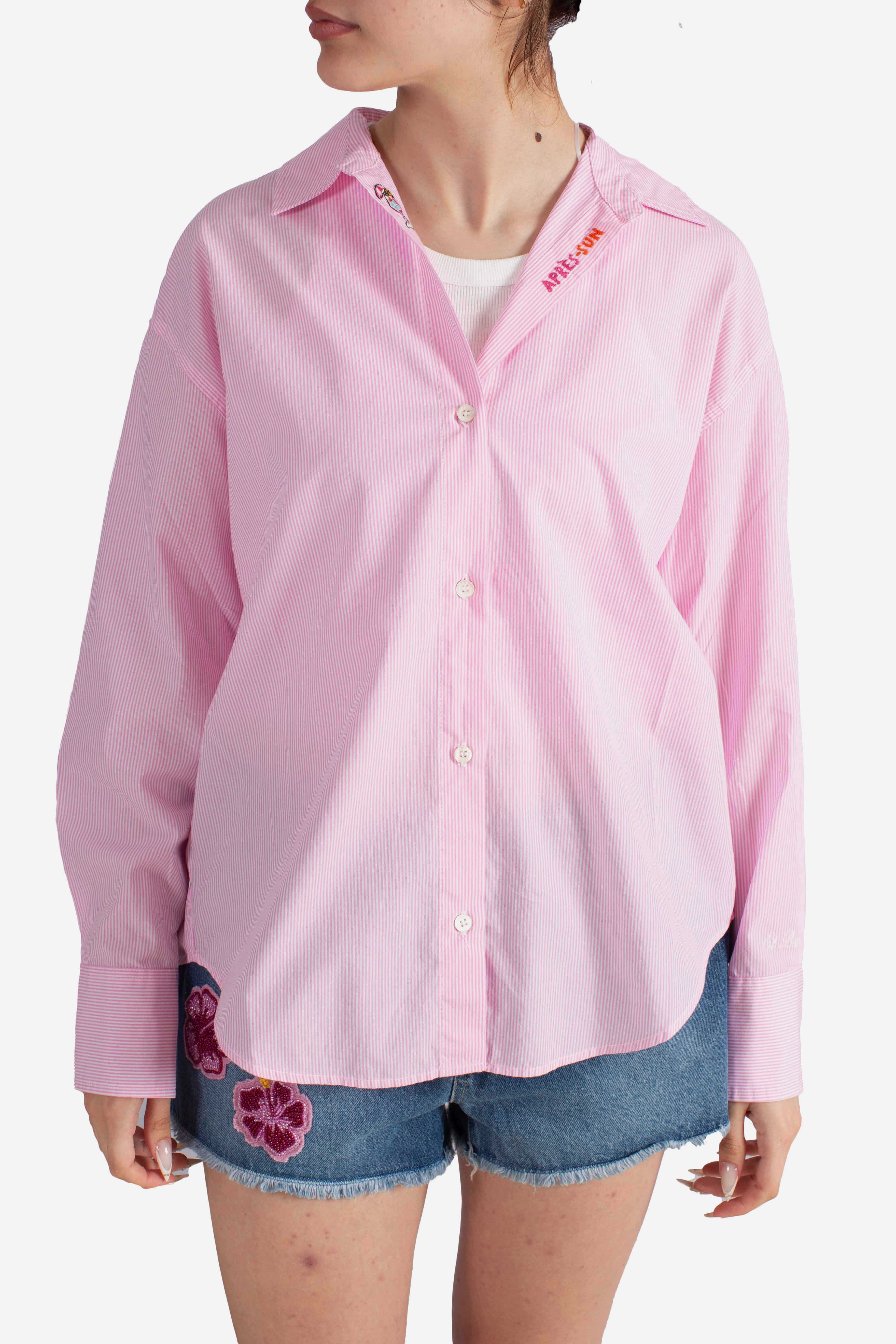 Camicia Cristal in popeline di cotone a righe rosa con ricami