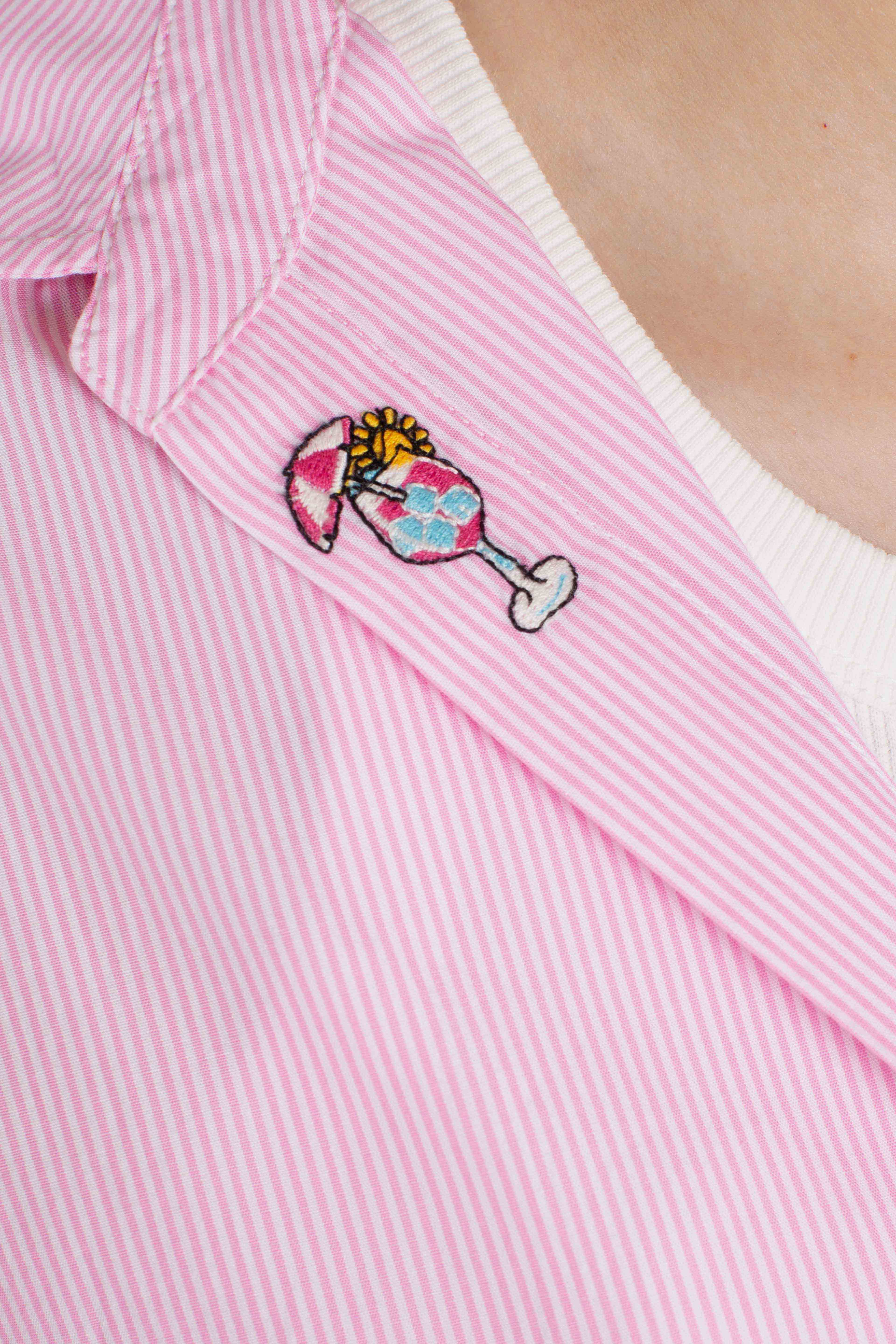 Camicia Cristal in popeline di cotone a righe rosa con ricami