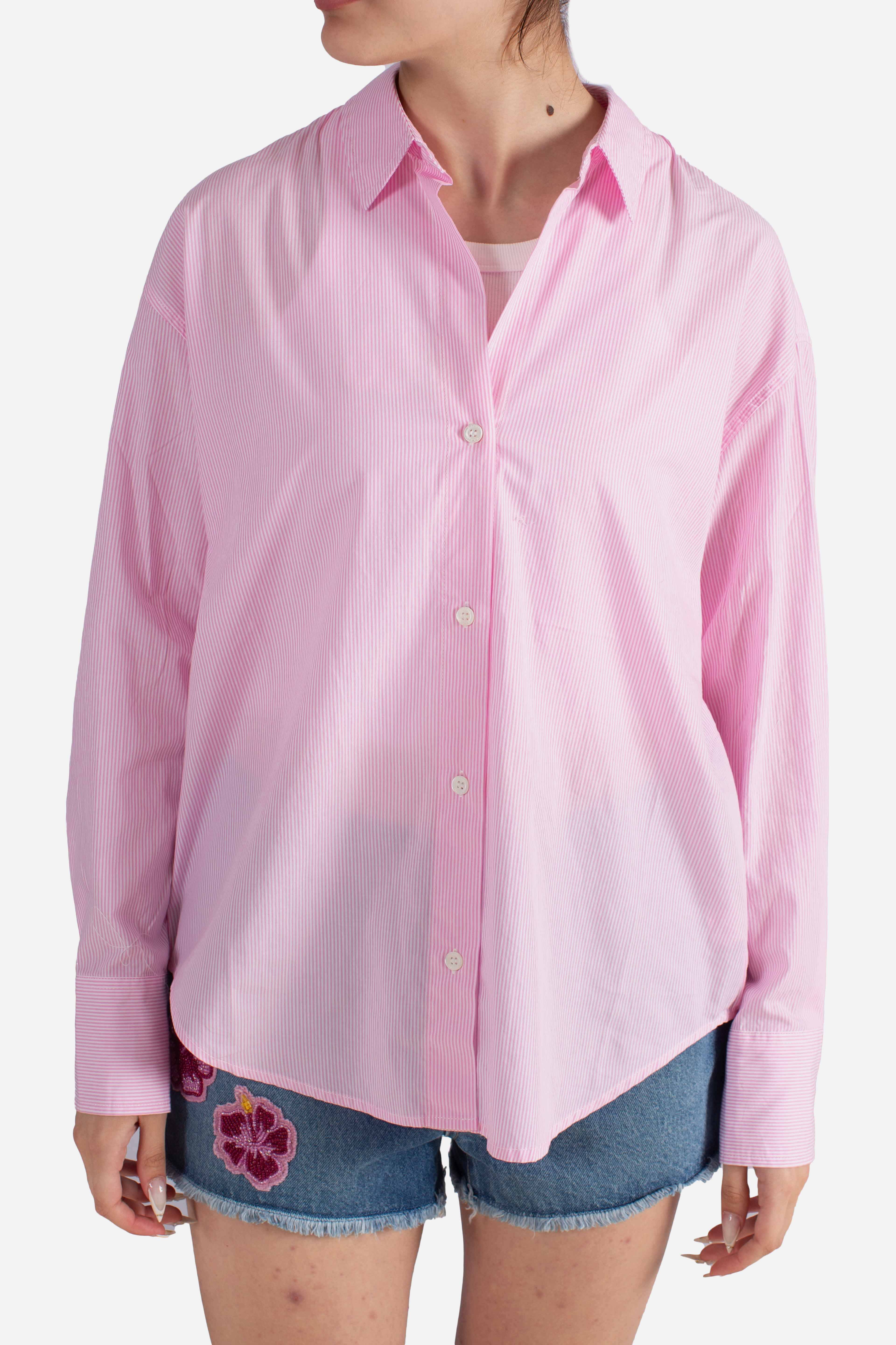 Camicia Cristal in cotone a righe rosa con ricamo Meet Me In Saint Barth