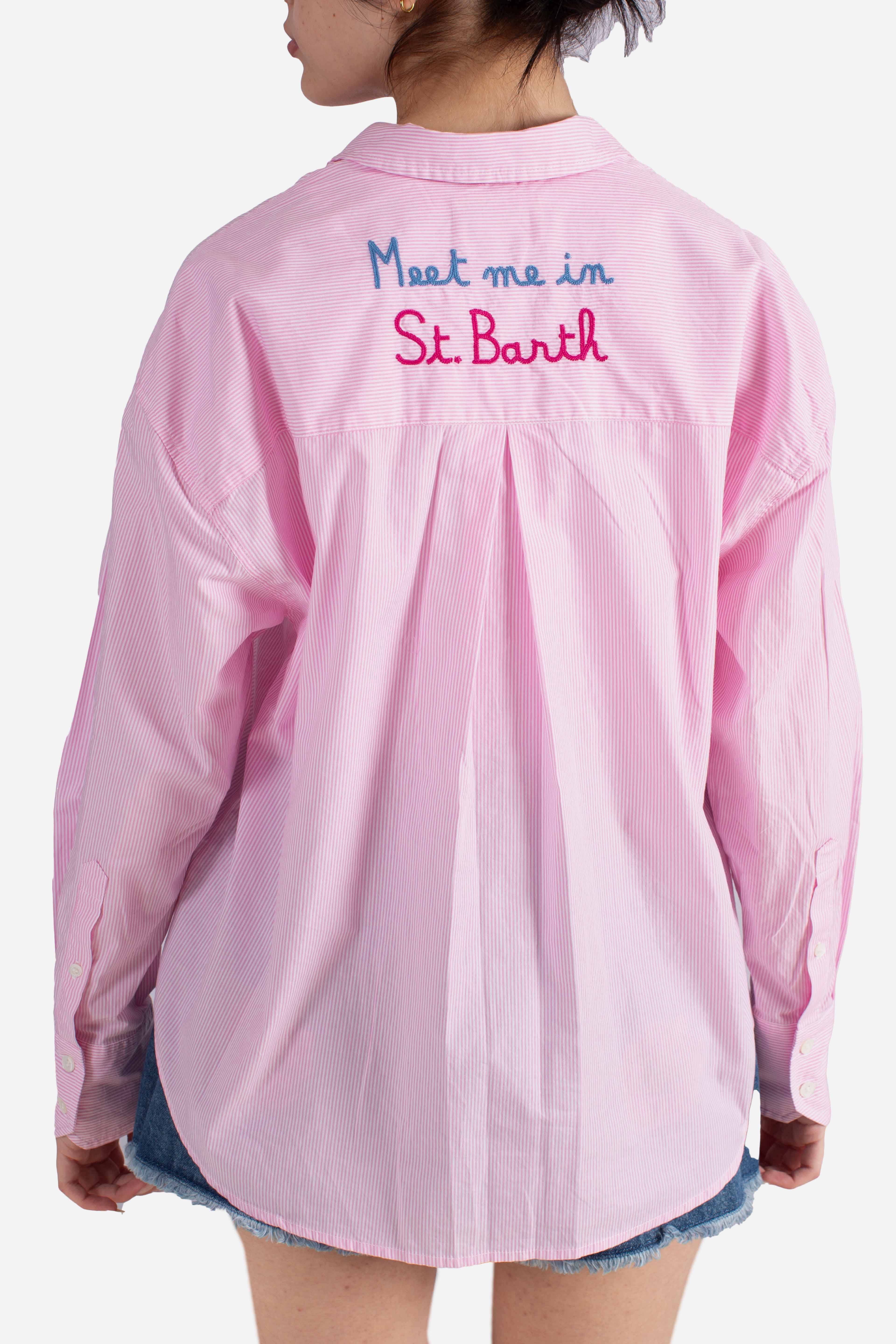 Camicia Cristal in cotone a righe rosa con ricamo Meet Me In Saint Barth