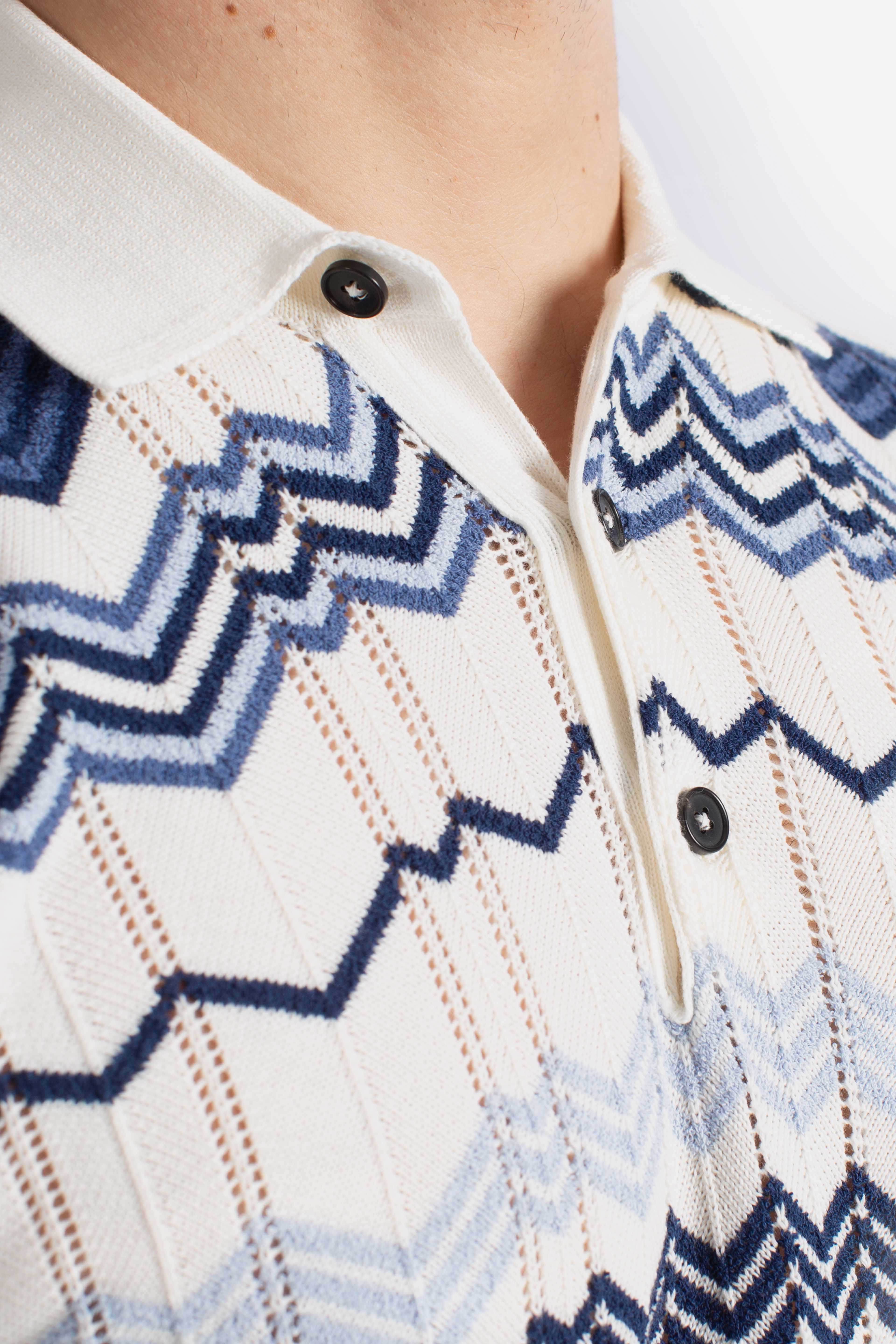 Polo uomo in cotone stretch blu white royal con motivo jacquard geometrico