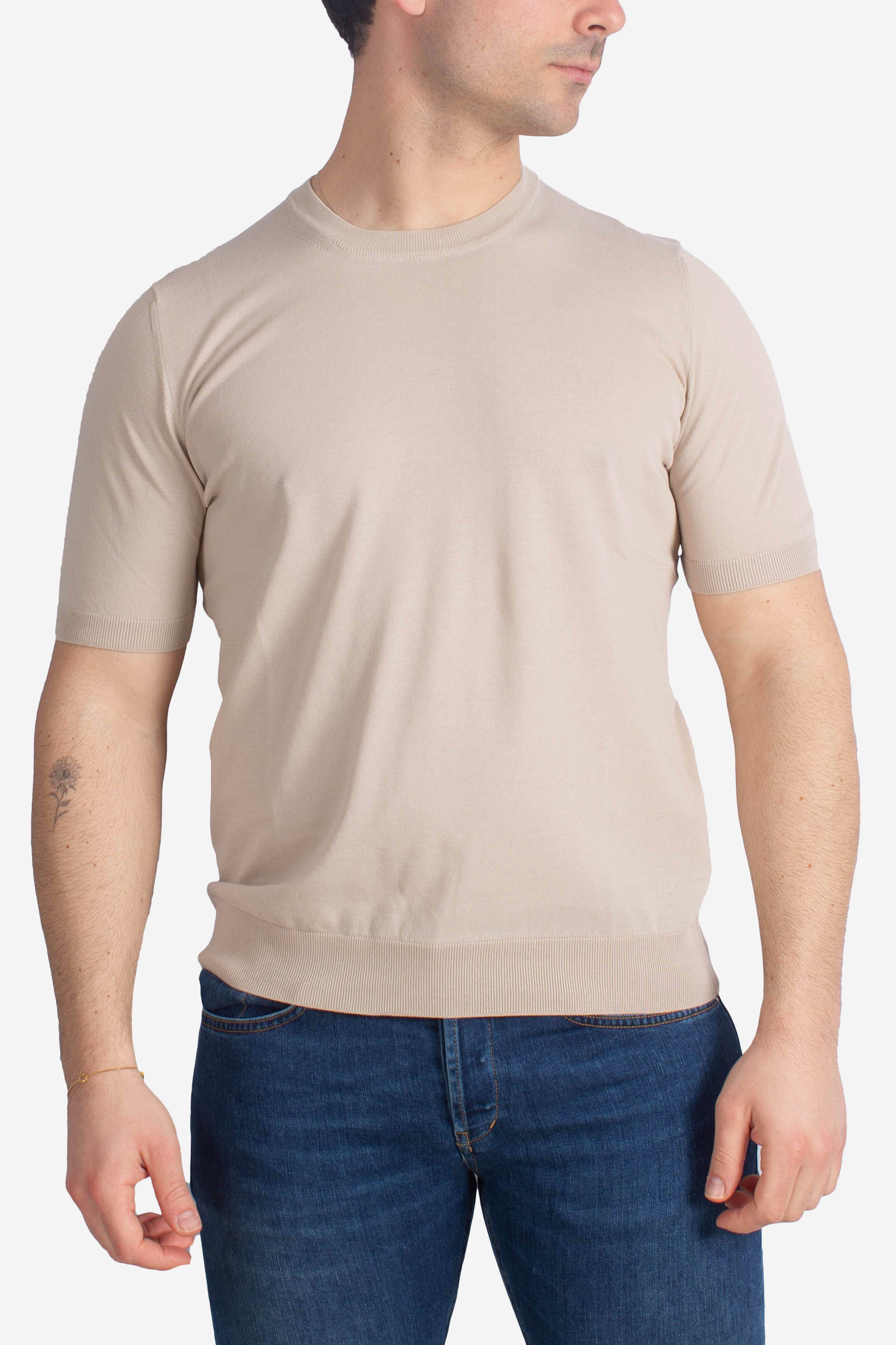 Maglia girocollo in cotone extra-fine beige chiaro