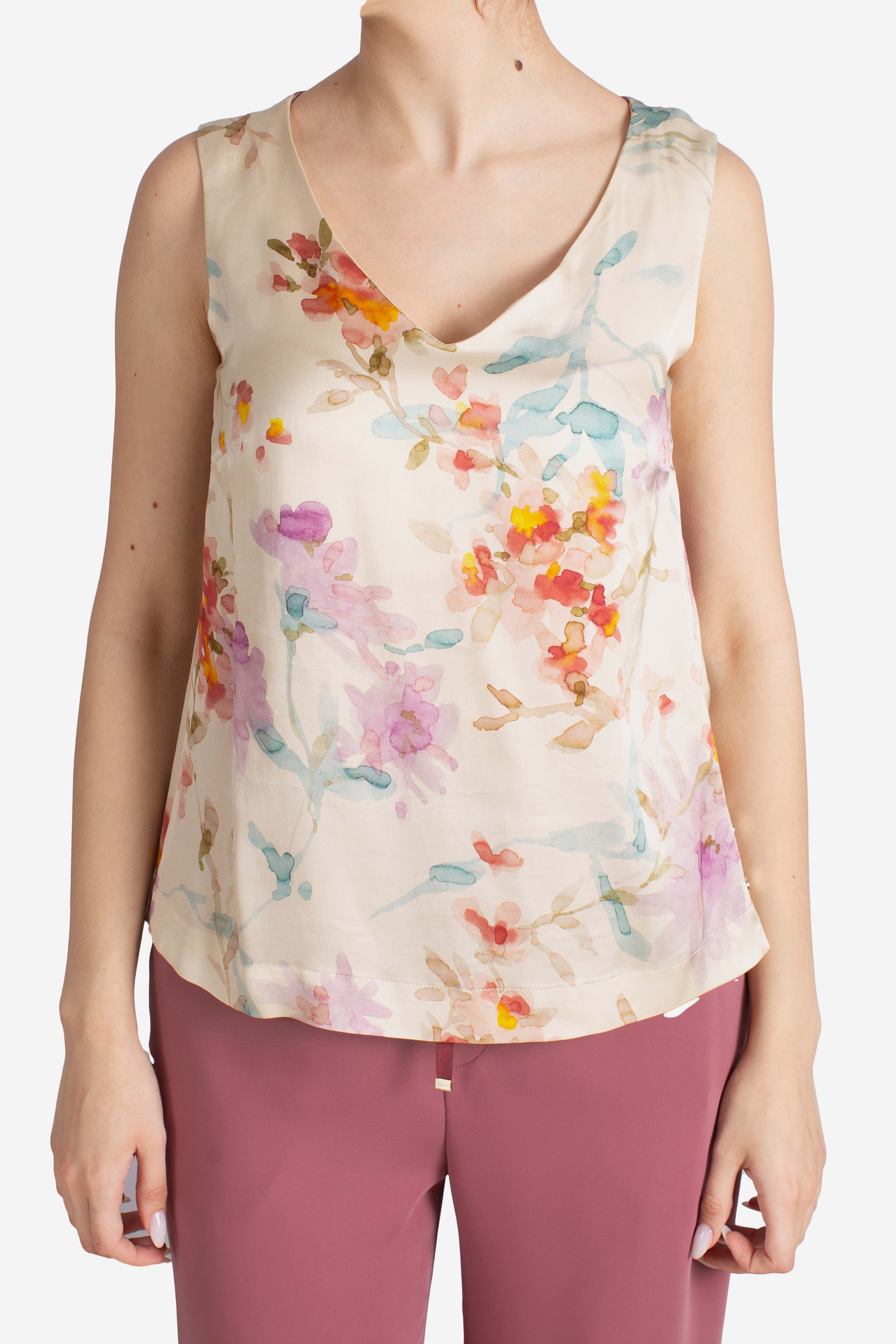 Blusa Top smanicato in viscosa stampa floreale avorio multicolor