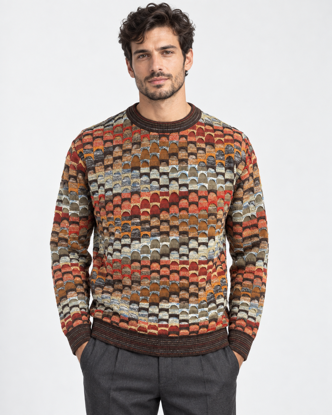 Lorenzoni Maglia girocollo uomo fantasia geometrica multicolore