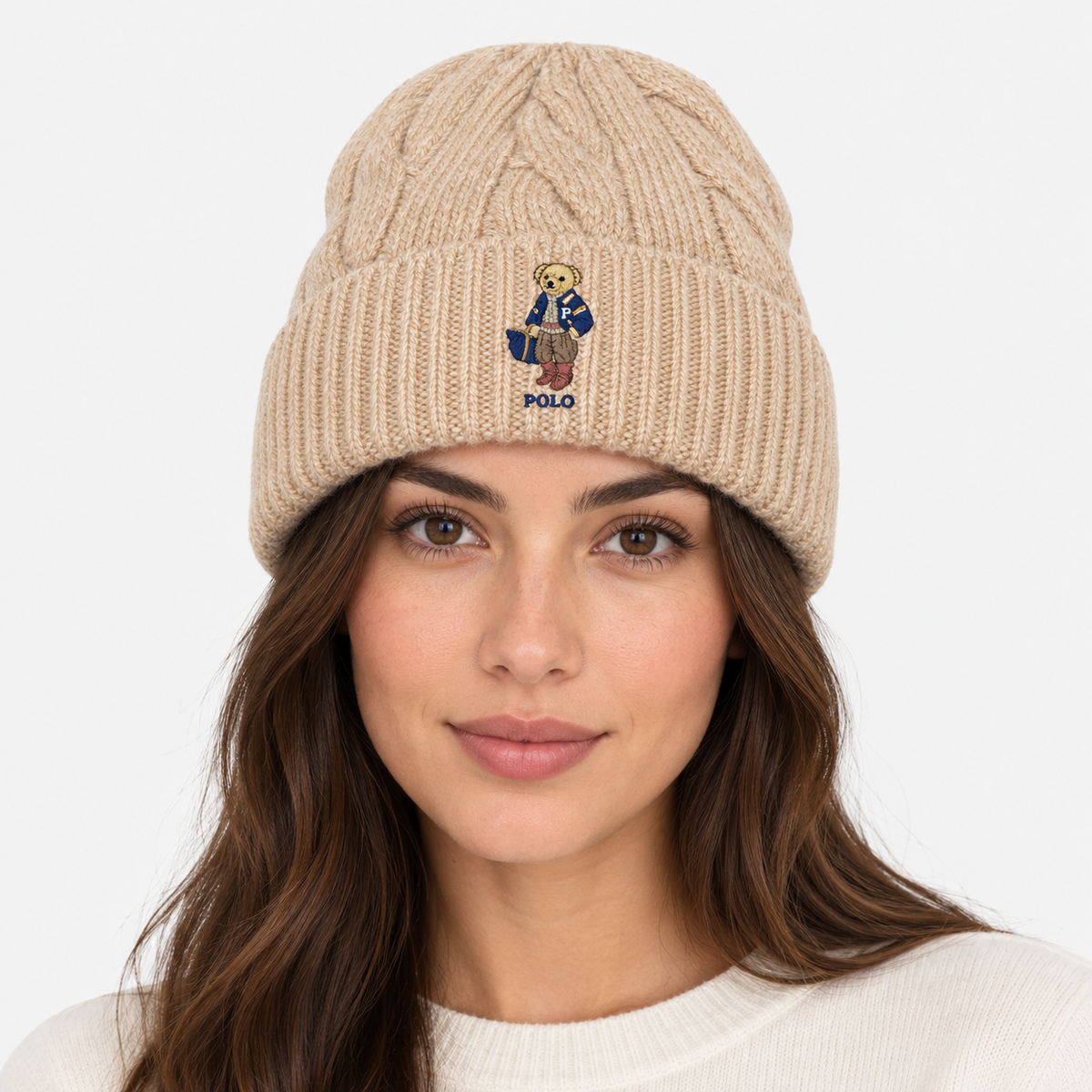 Polo Ralph Lauren Berretto Donna Polo Bear a Trecce Beige