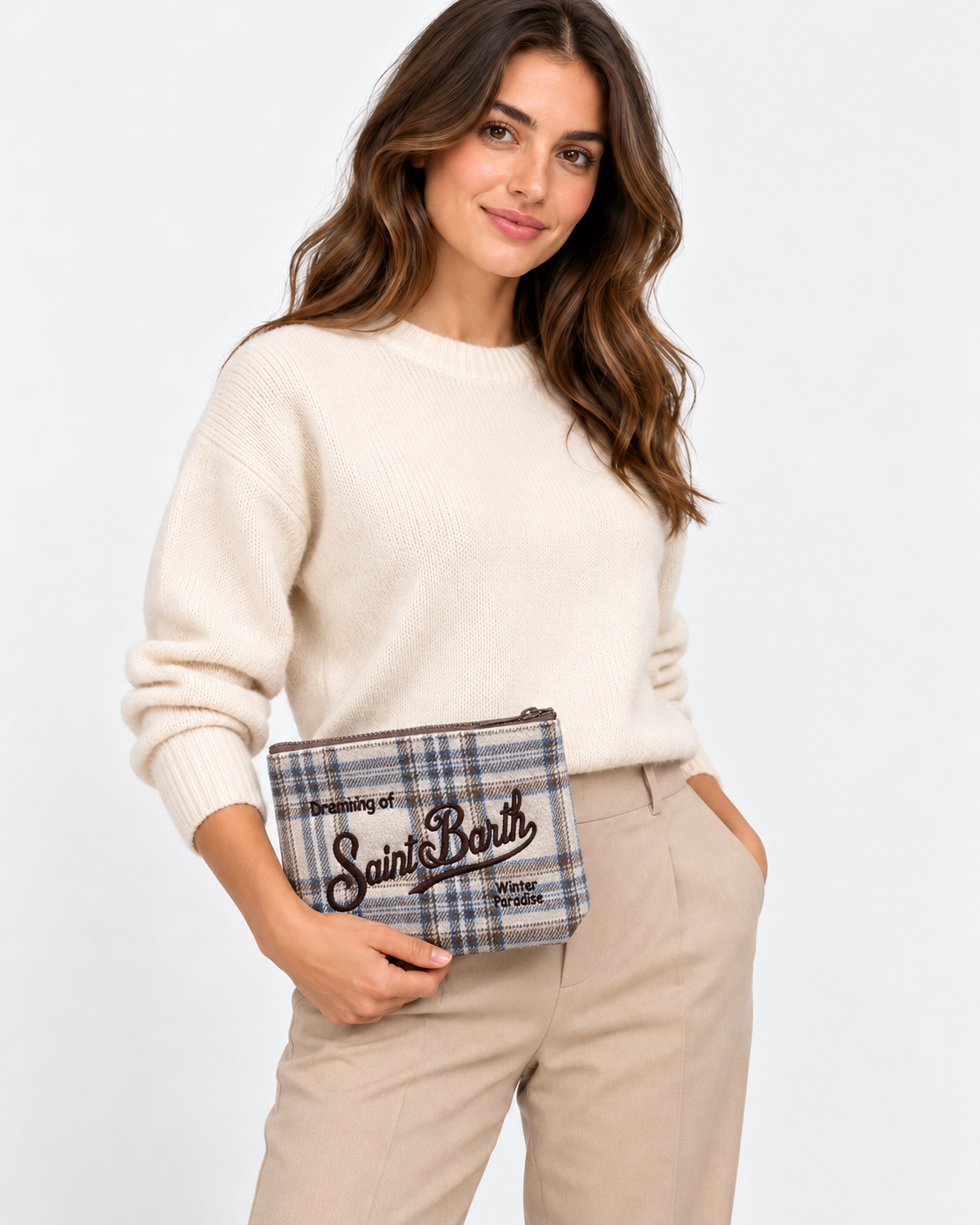 MC2 Saint Barth Pochette Donna Aline Wool Tartan Panna e Azzurro